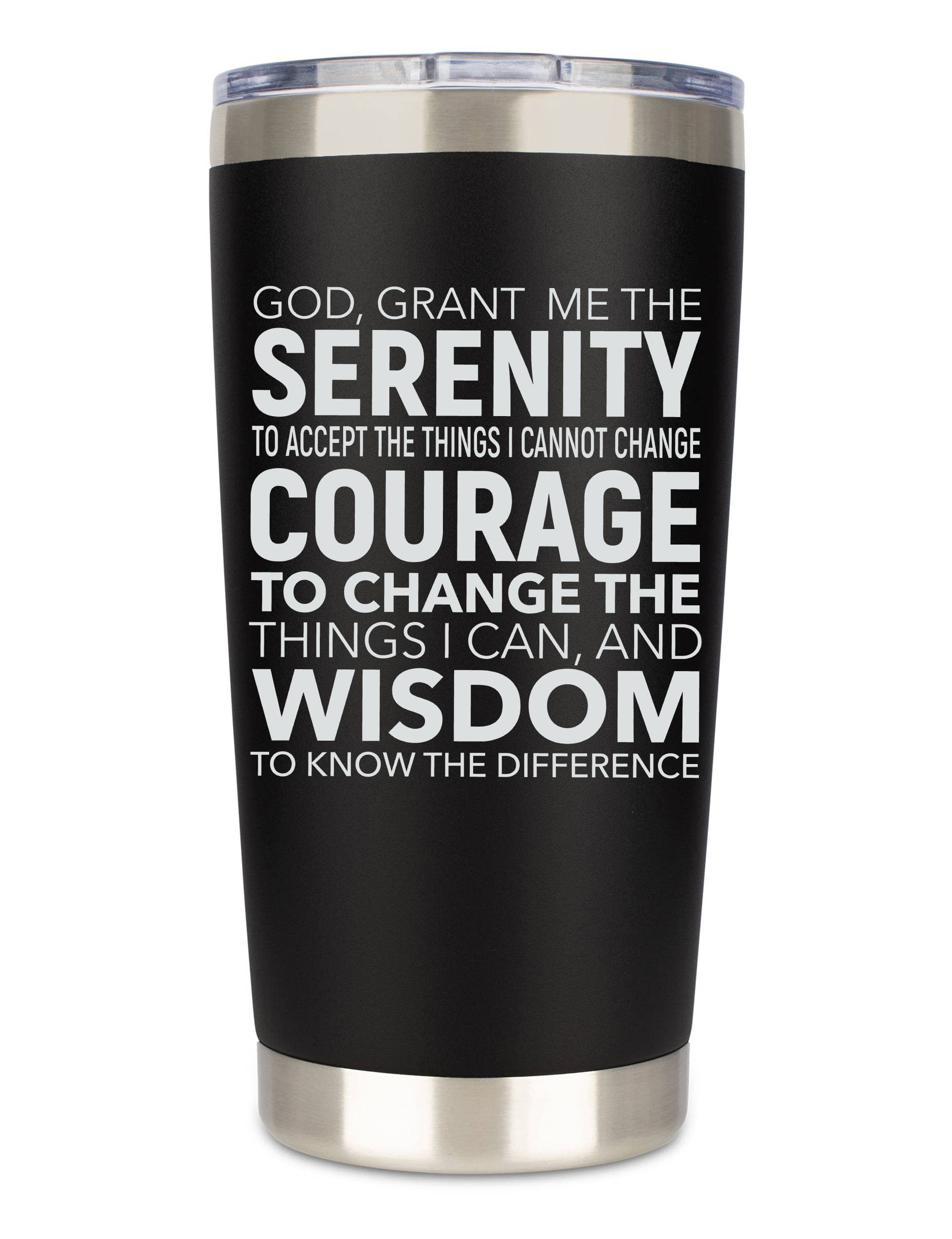 JENVIO Serenity Prayer Gifts  Stainless Steel Travel Tumbler Mug w/Lid and 2 Straws  Courage Wisdom Unique Coffee Sober AA Sobriety Gifts for Recovery Alcoholics Anonymous