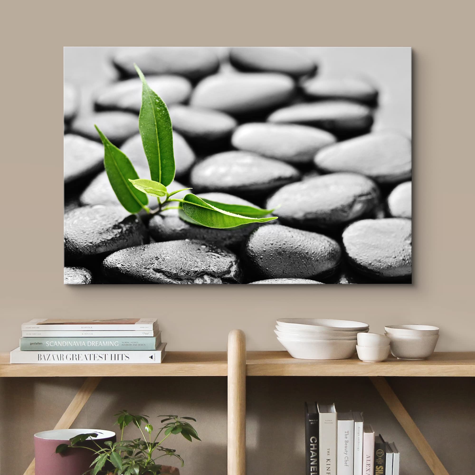 Wall26 Canvas Print Wall Art Zen Meditation Black Beach Pebble Green Forest Plant Nature Wilderness Photography Realism Rustic L