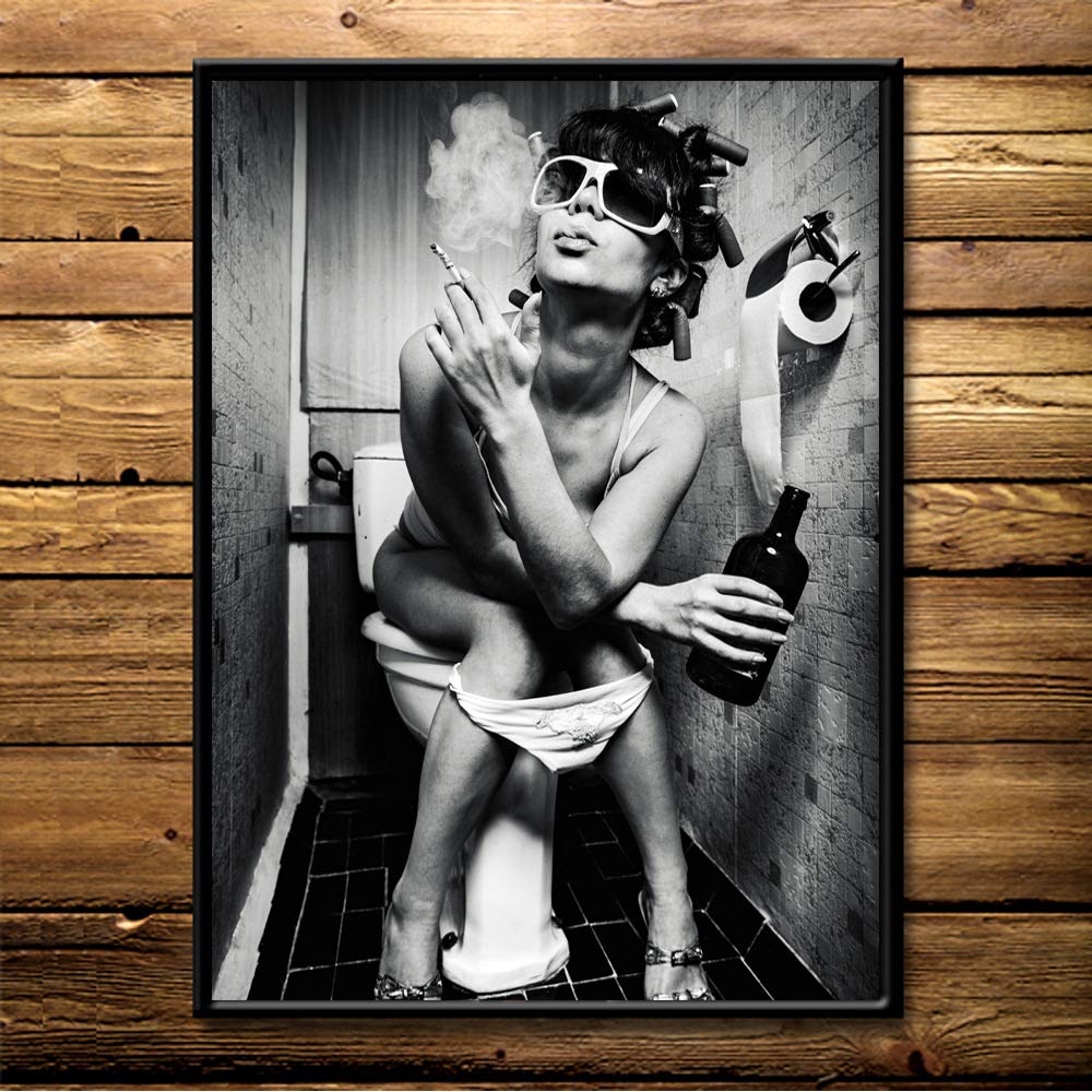 Woman Rest and Relax on Toilet Print Wall Art D?cor for Bathroom Toilet Cloakroom  Black and White Women in Bathroom Art Canvas Print Poster Pictures Paintings MuralsPortrait Photography No Frame