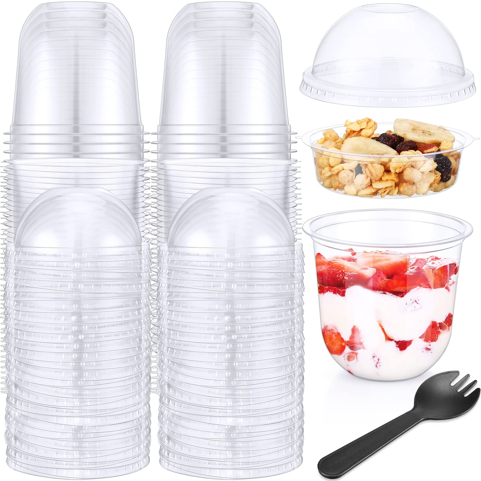 100 Pack 12 Oz Clear Plastic Parfait Cups With Dome Lids No Hole Disposable Party Dessert Cups With Lids Insert Spork Round Frui