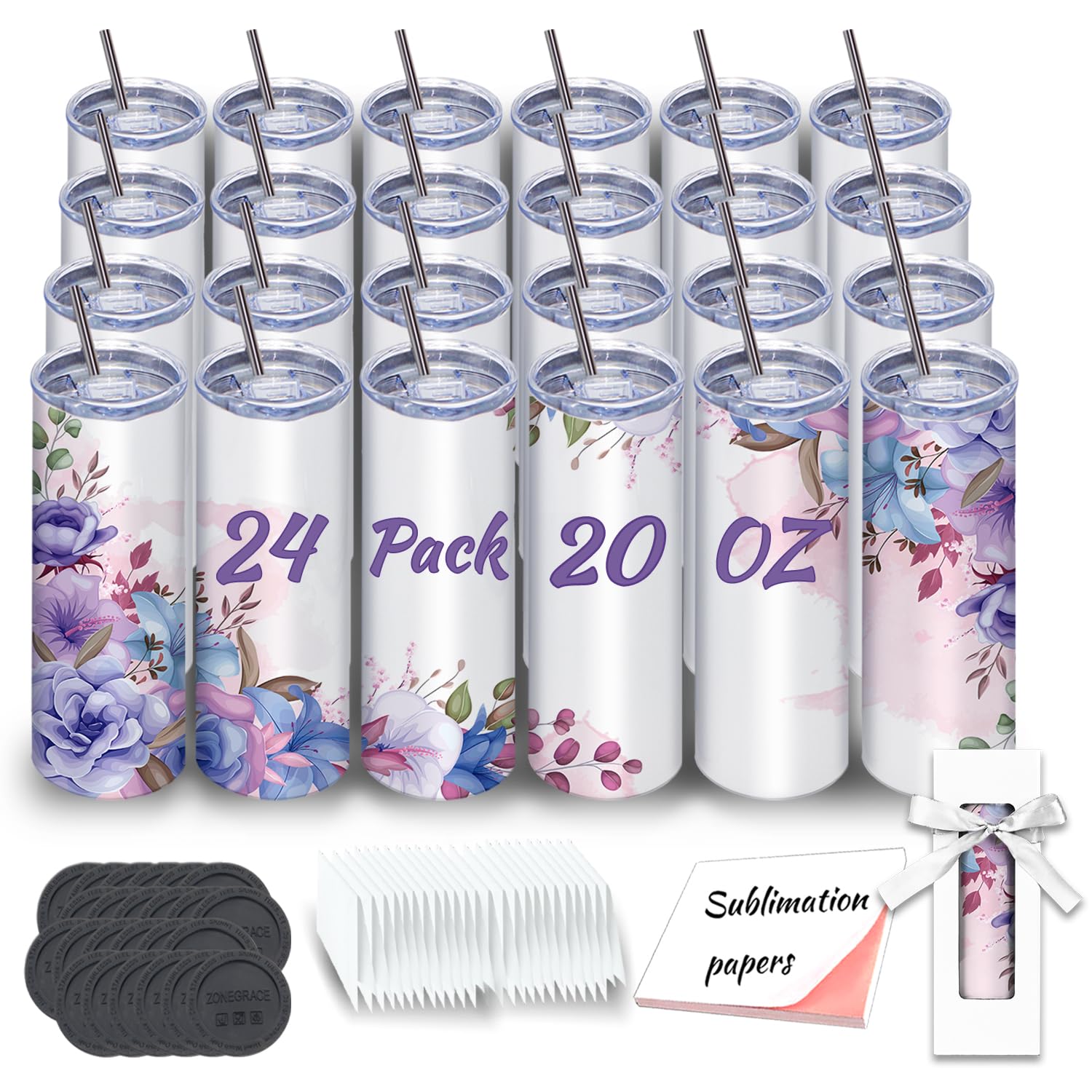Sublimation Tumblers bulk 20 oz Skinny, 24 Pack Stainless Steel Double Wall Insulated Straight Sublimation Tumbler Cups Blank Wh