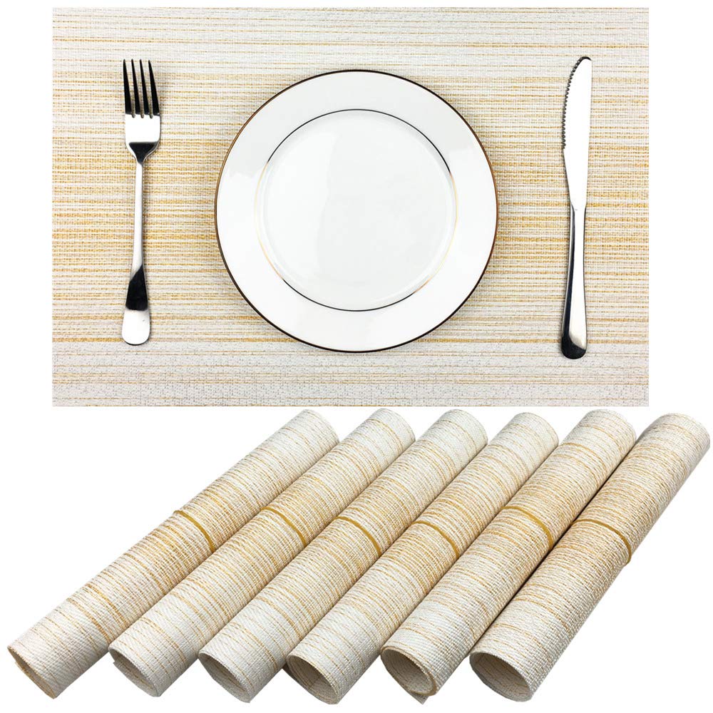 Placemat,Blending Color Durable Woven Vinyl Placemat Washable Heat-Resistant Anti-Skid Kitchen Dining Table Mats (Set Of 6, Yell