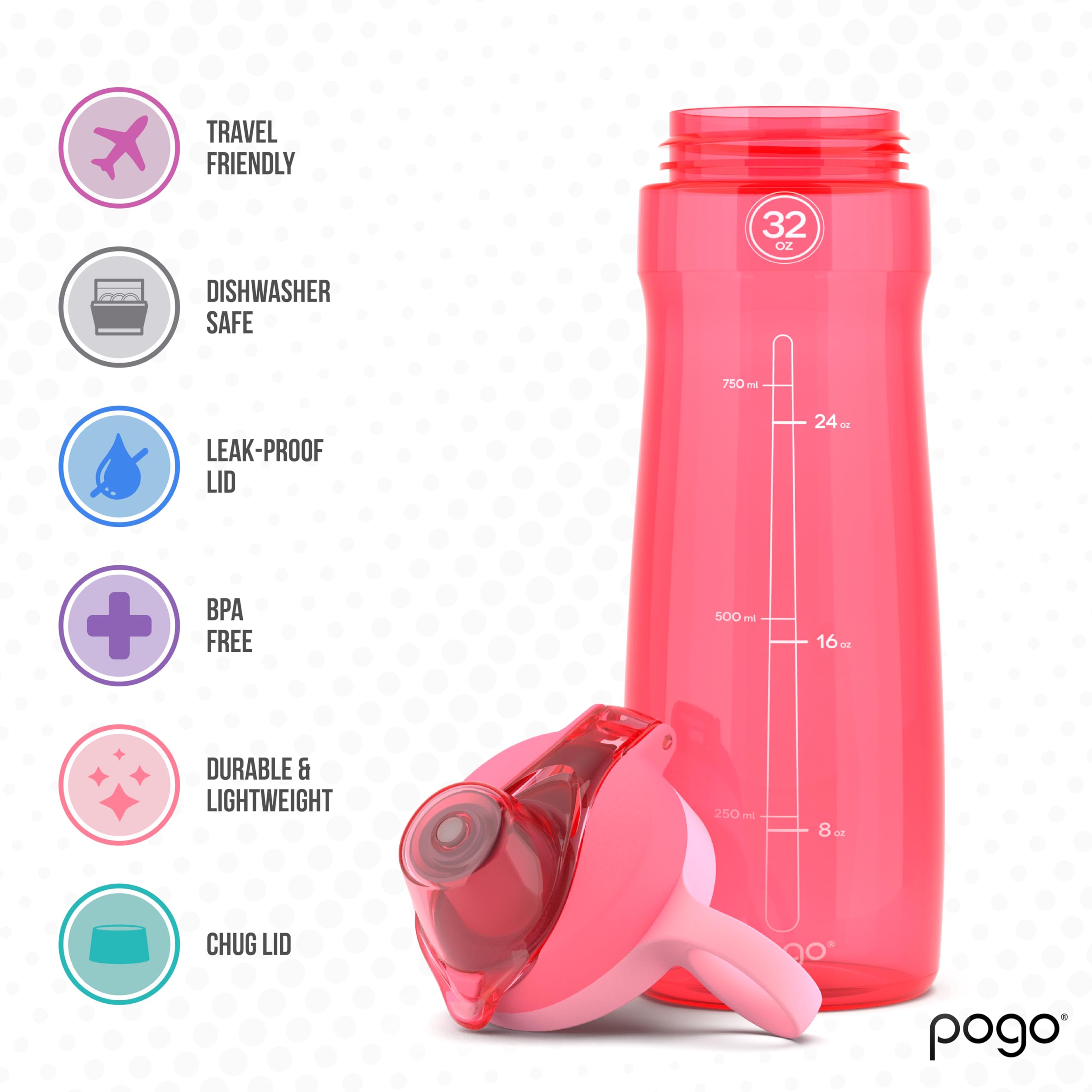 Pogo Bpa-Free Tritan Plastic Water Bottle With Chug Lid, 32 Oz, Pink.