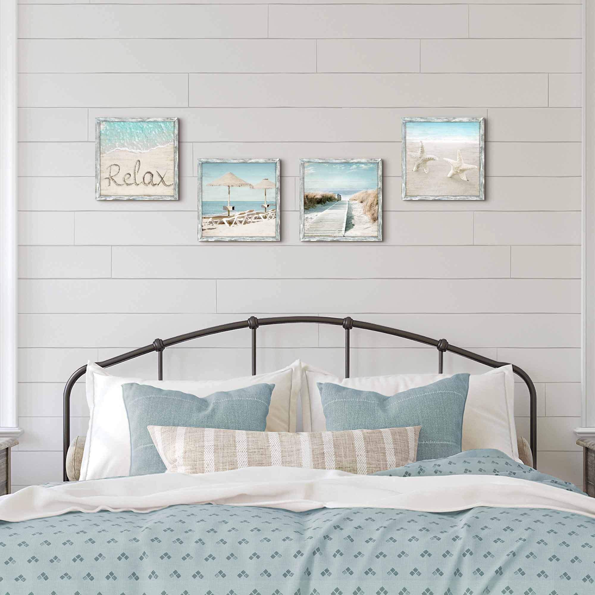 Ocean Framed Wood Wall Art: Beach Picture Seascape Artwork Coastal Prints Starfish Boardwalk Art Collection Wall Decor Set Of 4