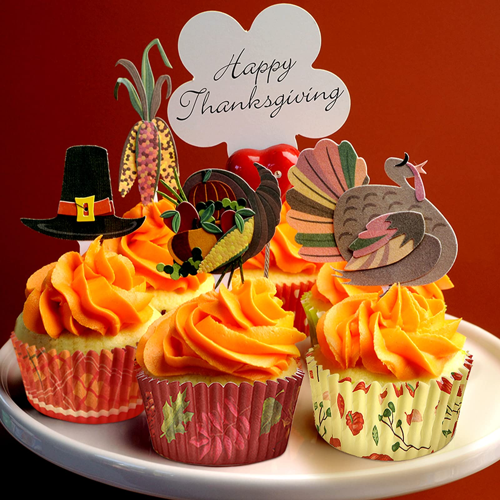 Zonon 600 Pcs Thanksgiving Cupcake Liners Pumpkin Turkey Maple Leaf Cupcake Paper Mini Baking Cups Fall Thanksgiving Muffin Line