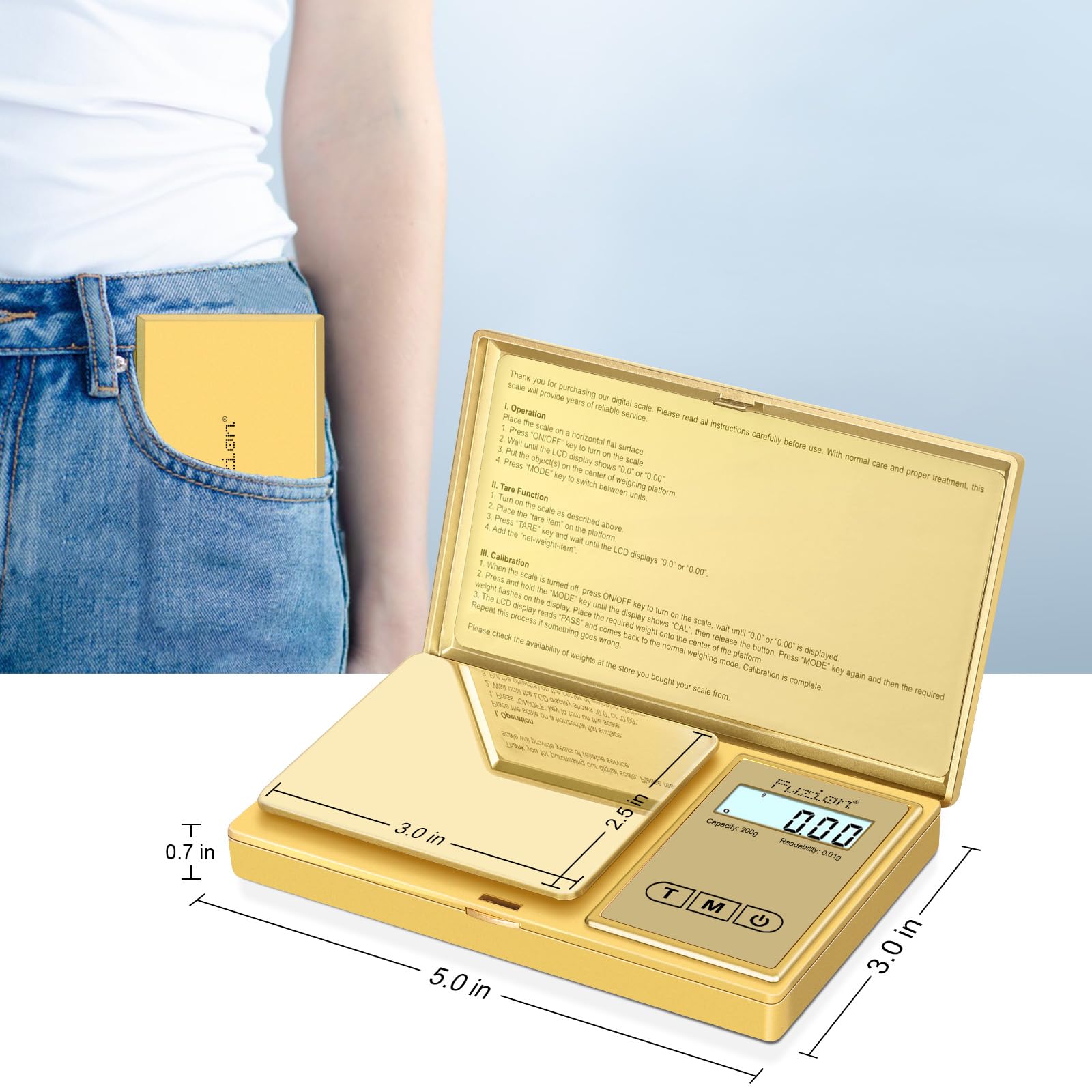 Fuzion Gram Scale, 200Gx0.01G Digital Pocket Scale Gold Titanium Plating, High Precision Small Scale, 6 Units Jewelry Scale With