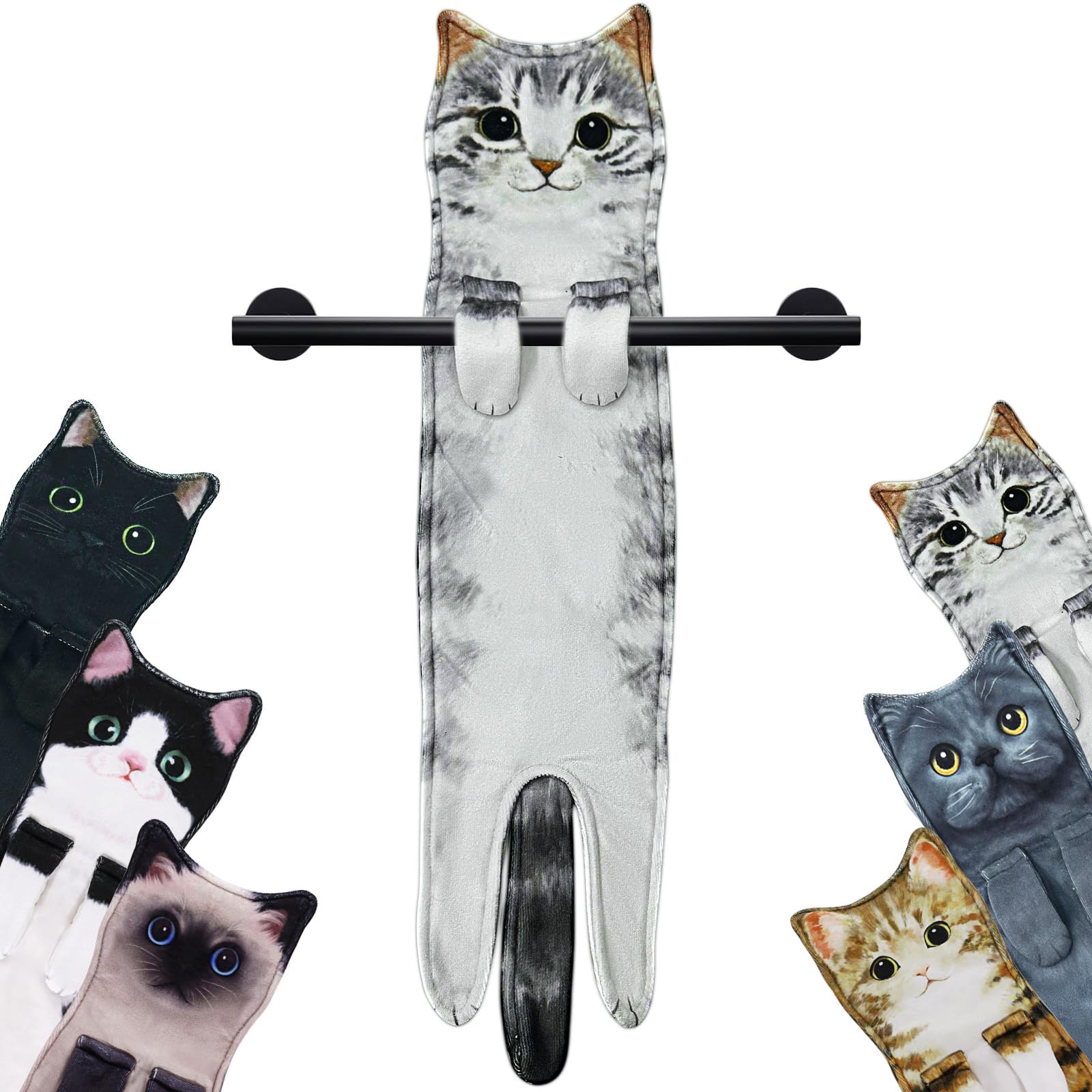 Infaccial Funny Cat Hand Towel for Kitchen and Bathroom Decorative Hanging Cat Towels for Cat Lovers Christmas Cat Gifts for Women(Grey Cat)