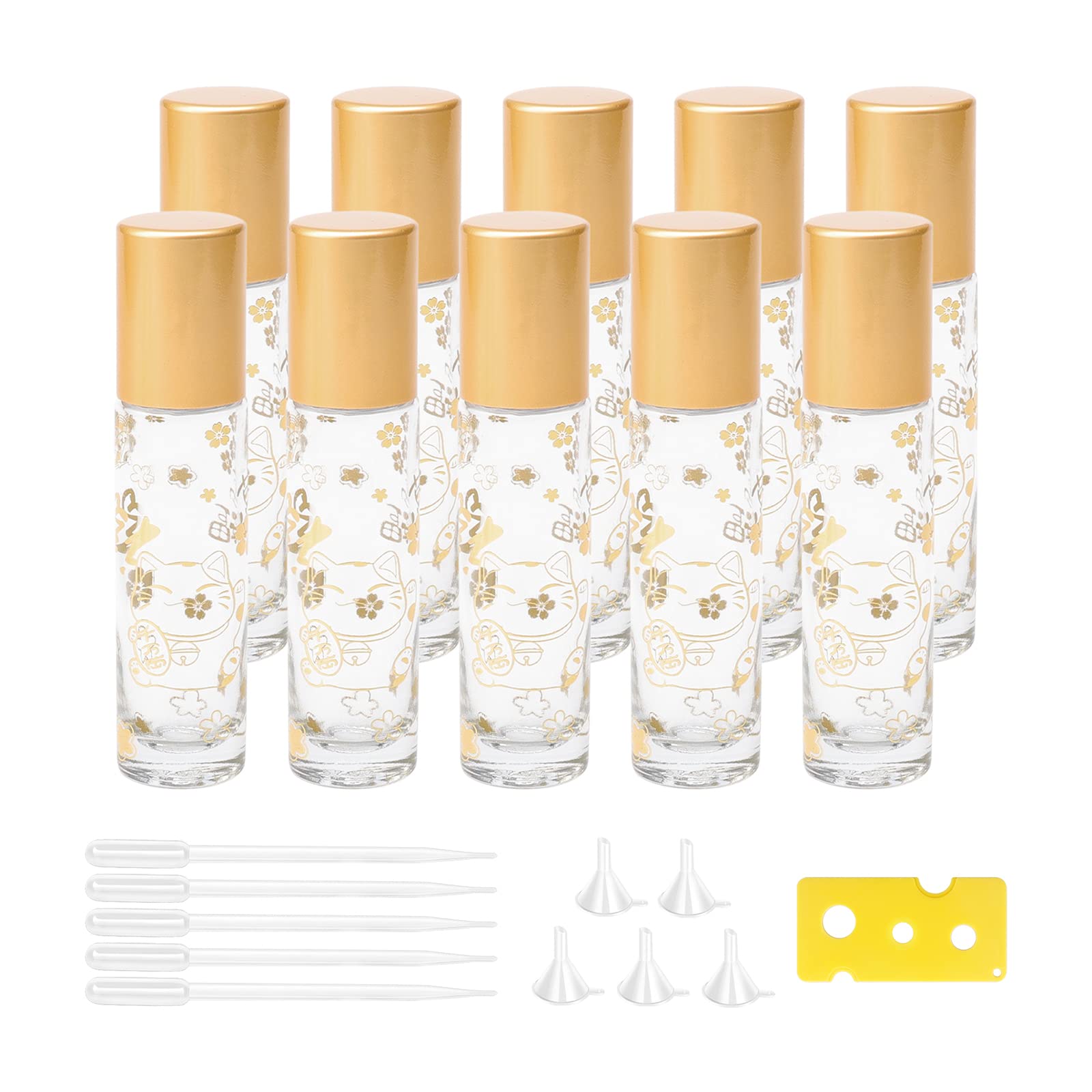 Jiuwu 10Pcs 1/3Oz Glass Roller Bottles 10Ml Lucky Cat Glass Roll On Bottles With Stainless Steel Rollerball Funnel Pipette & Ope