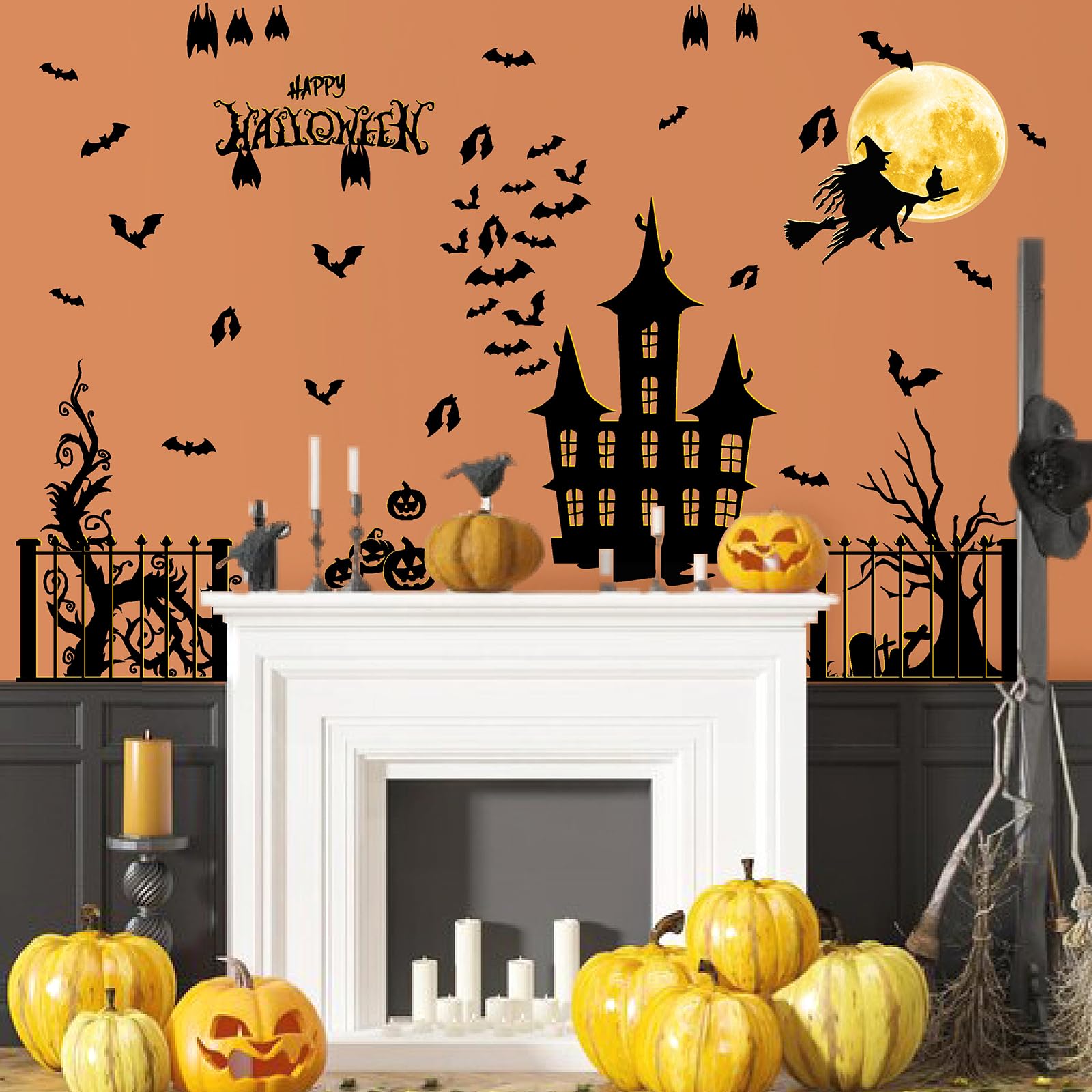 Halloween Bat Wall Decals Moon Witch Wall Stickers Large Spooky Tree Wall Decals Castle Pumpkin Vinyl Bat Wall Decals Removable
