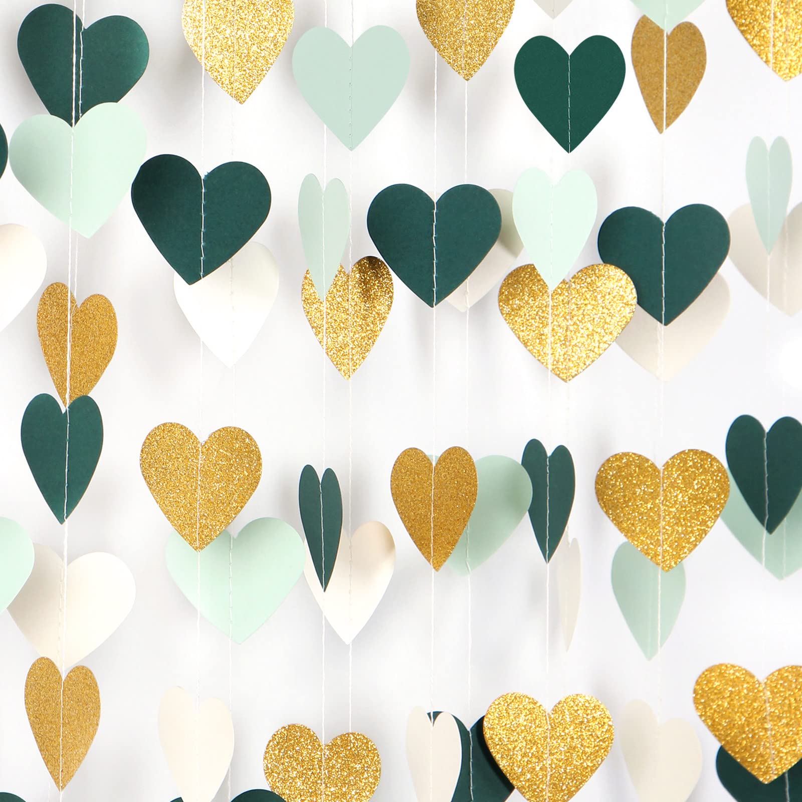 Sage-Green Mint Beige-Gold Love-Heart Garland - 52Ft Rustic Wedding Hanging Decoration Streamers Banner, Baby Safari Birthday Ba