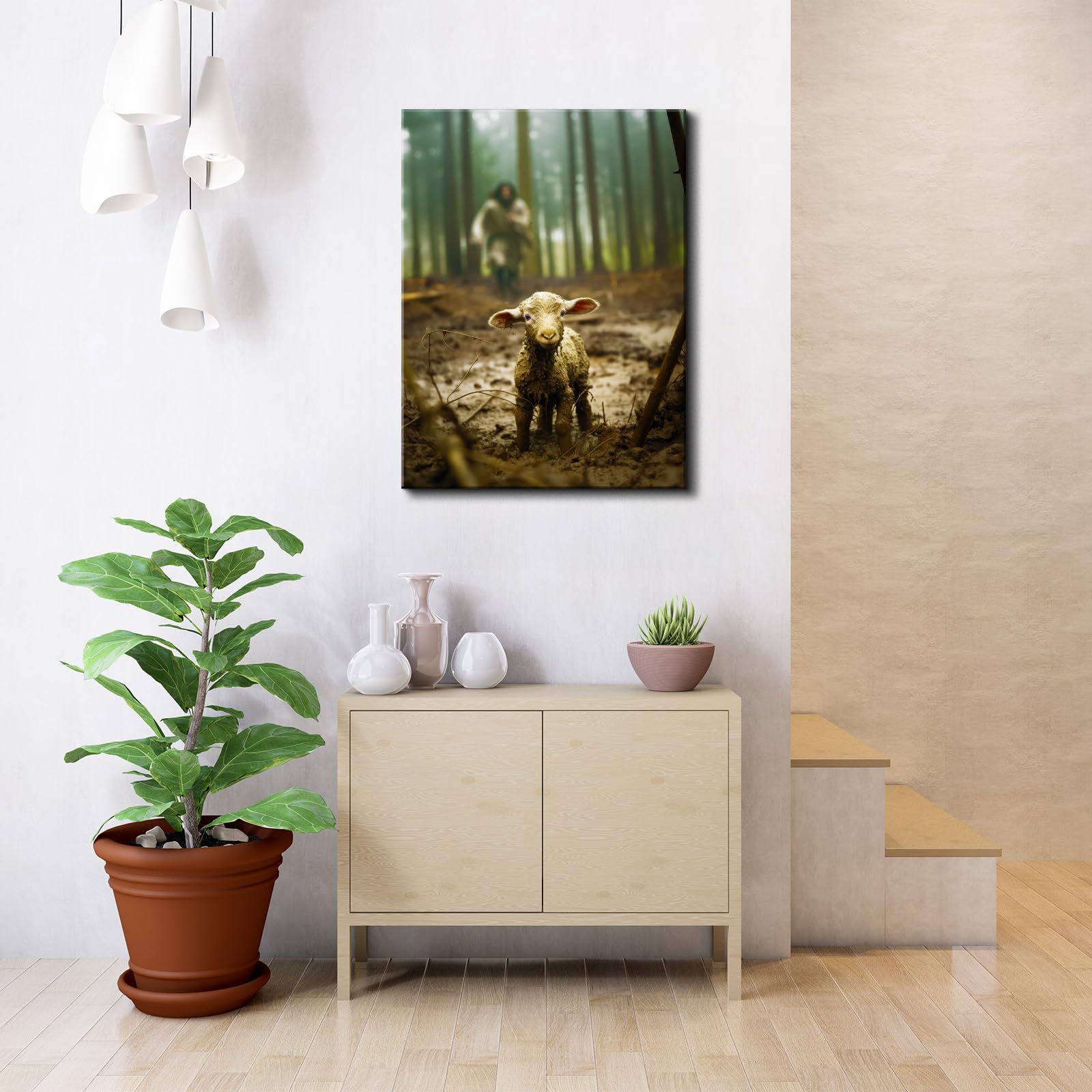 Yonica Christian Wall Art Jesus Chasing Lost Lamb Canvas Print Inspirational Wall Decor 32X48 Inch Home Decor