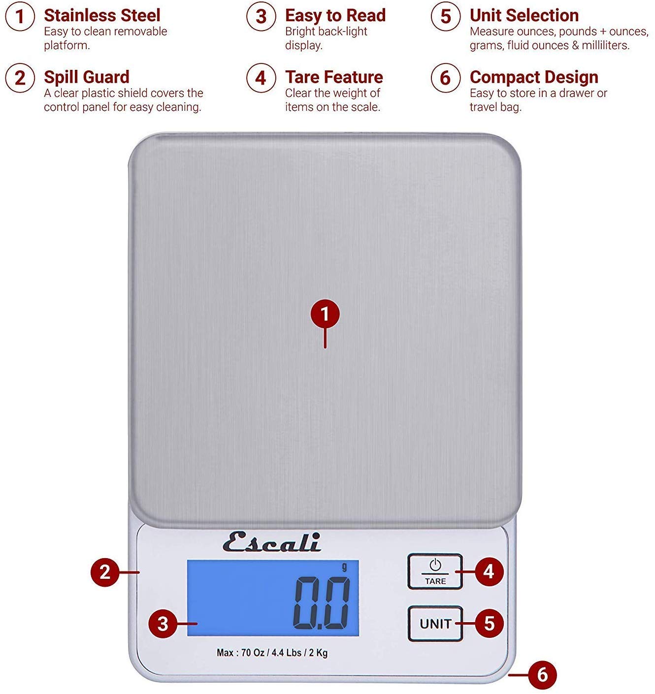 Escali Vera Pr2000S Compact High Precision Kitchen/Baking/Herb Scale, Measures Liquid And Dry Ingredients, Lcd Digital Display,