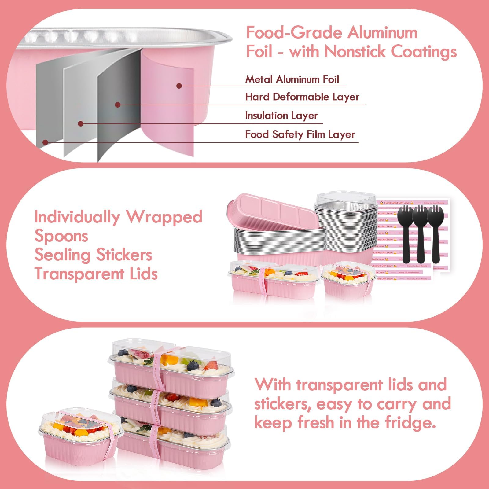 Yqer Mini Loaf Pans With Lids For Baking Bread Disposable, Mini Baking Pans With Lids And Spoons Pink Sticker, 50 Pcs 6.8Oz Mini