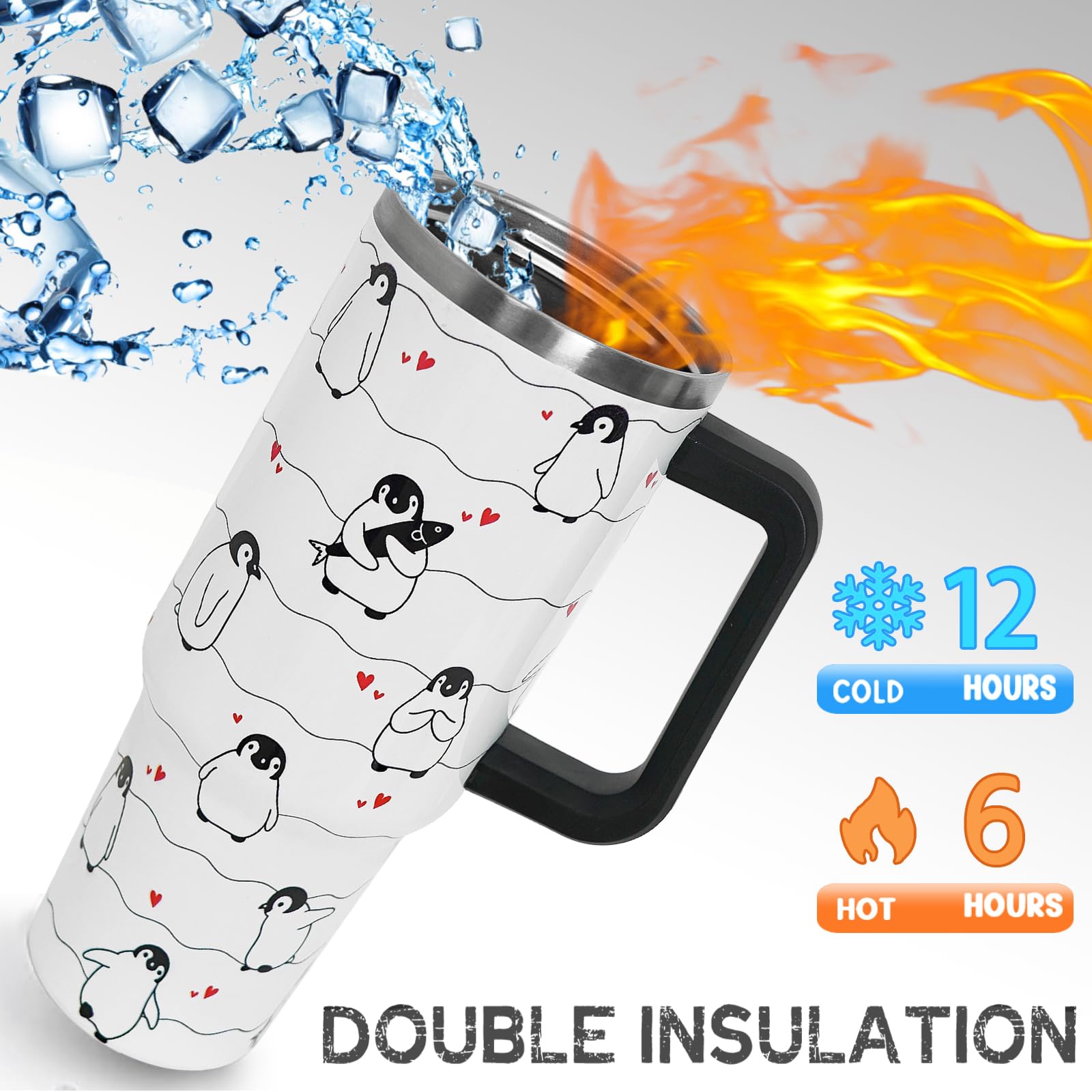 Nqhsionv Penguin Tumbler with Handle and Straw 40 oz Penguin Cup Coffee Travel Mug Stainless Steel Insulated Water Bottle Pengui