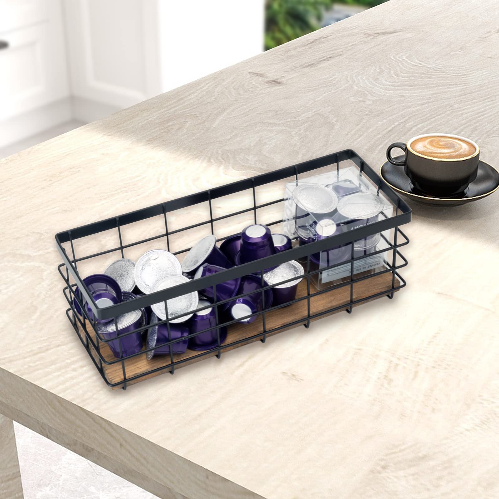 Tieyipin Farmhouse Decor Metal Wire Storage Baskets, Wood Base Containers Organizing Basket Caddy Bin For Kitchen Cabinets, Bath