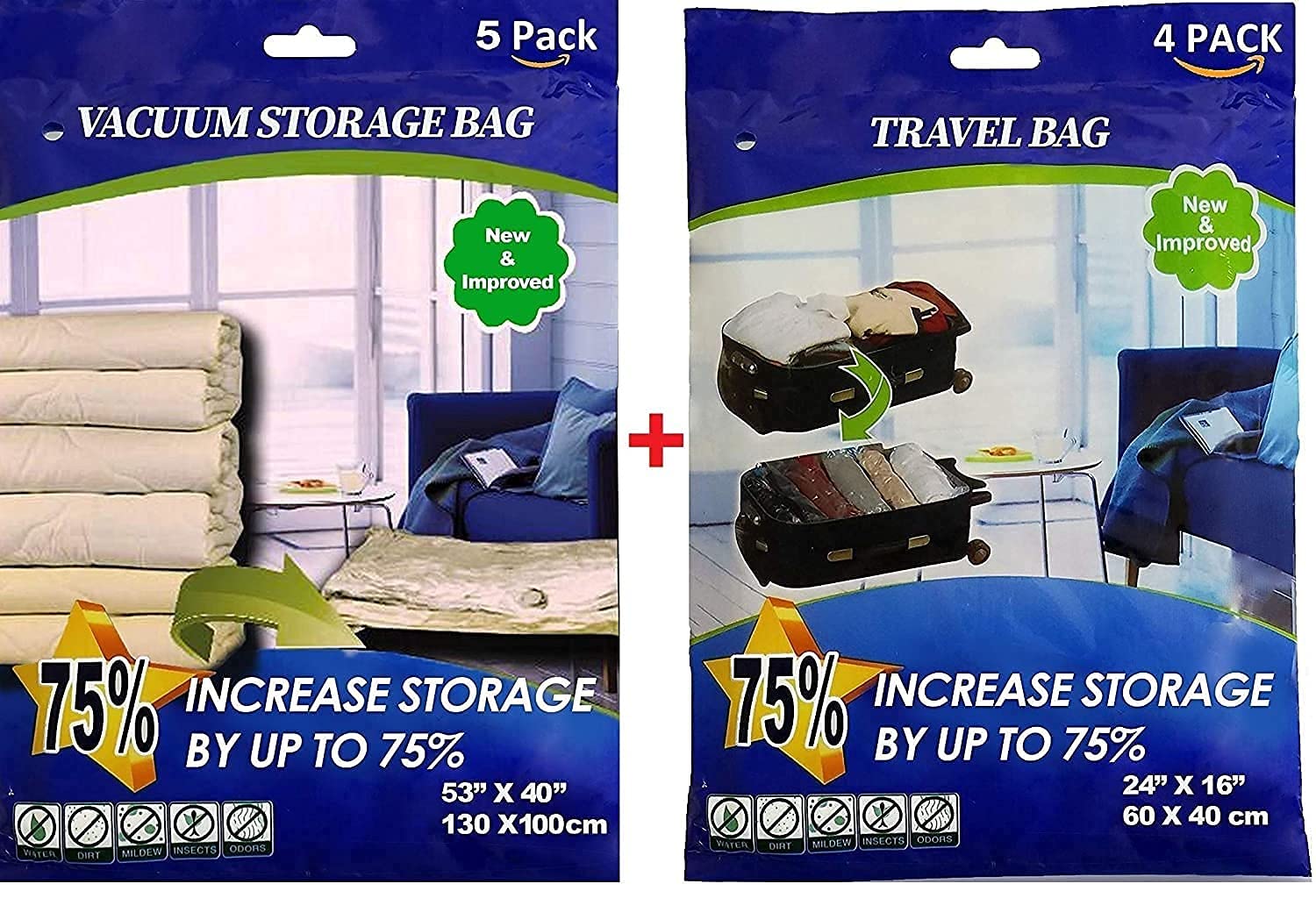 9 Pack Combo Premium Super Jumbo Vacuum Storage Space Saver Bags X5 (130X100Cm) With Travel Bag X4 (60X40Cm)