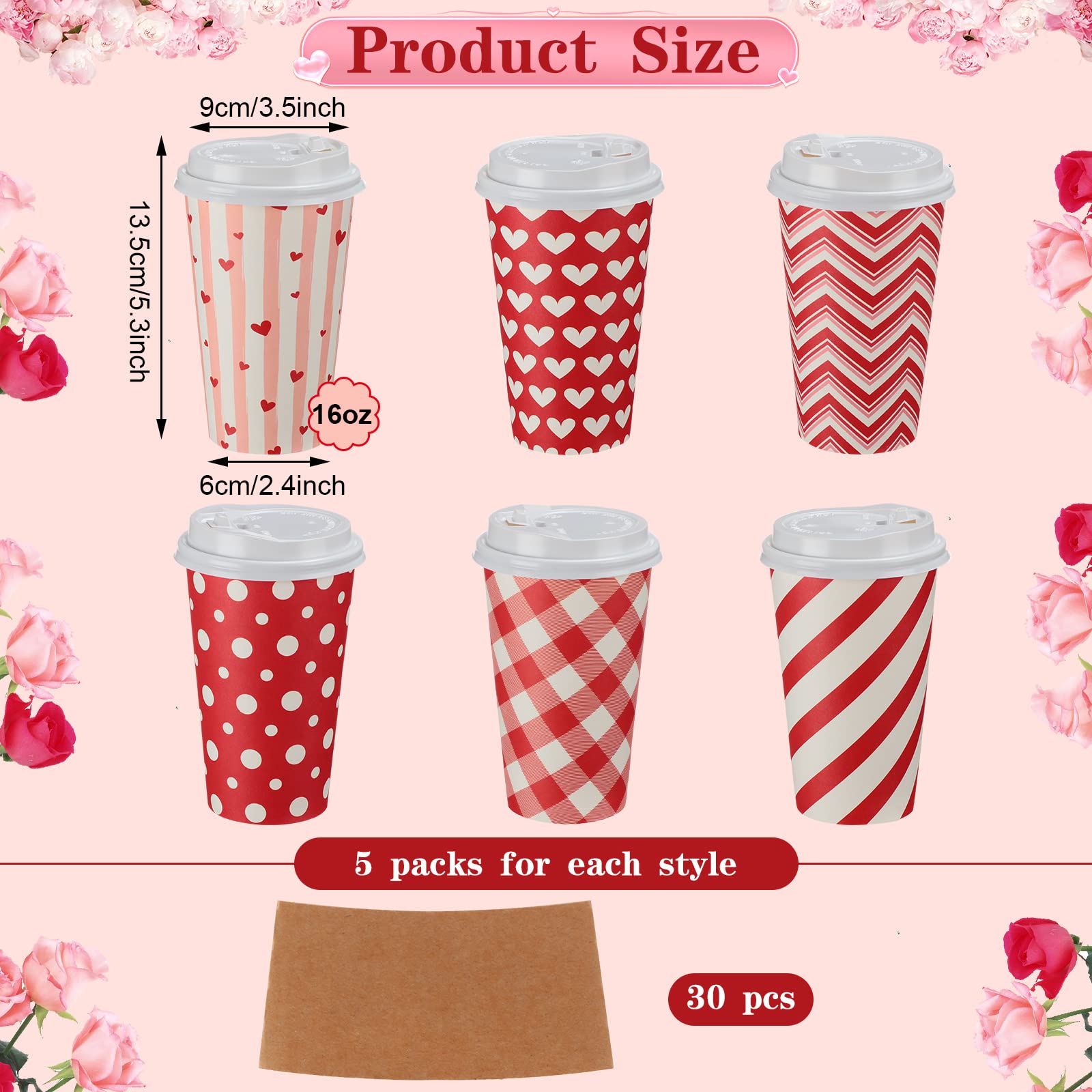 Sosation 90 Pcs/30 Set Valentine'S Day Coffee Paper Cups With Lids And Sleeves 16 Oz Disposable Hot Cocoa Cups Valentines Pink P
