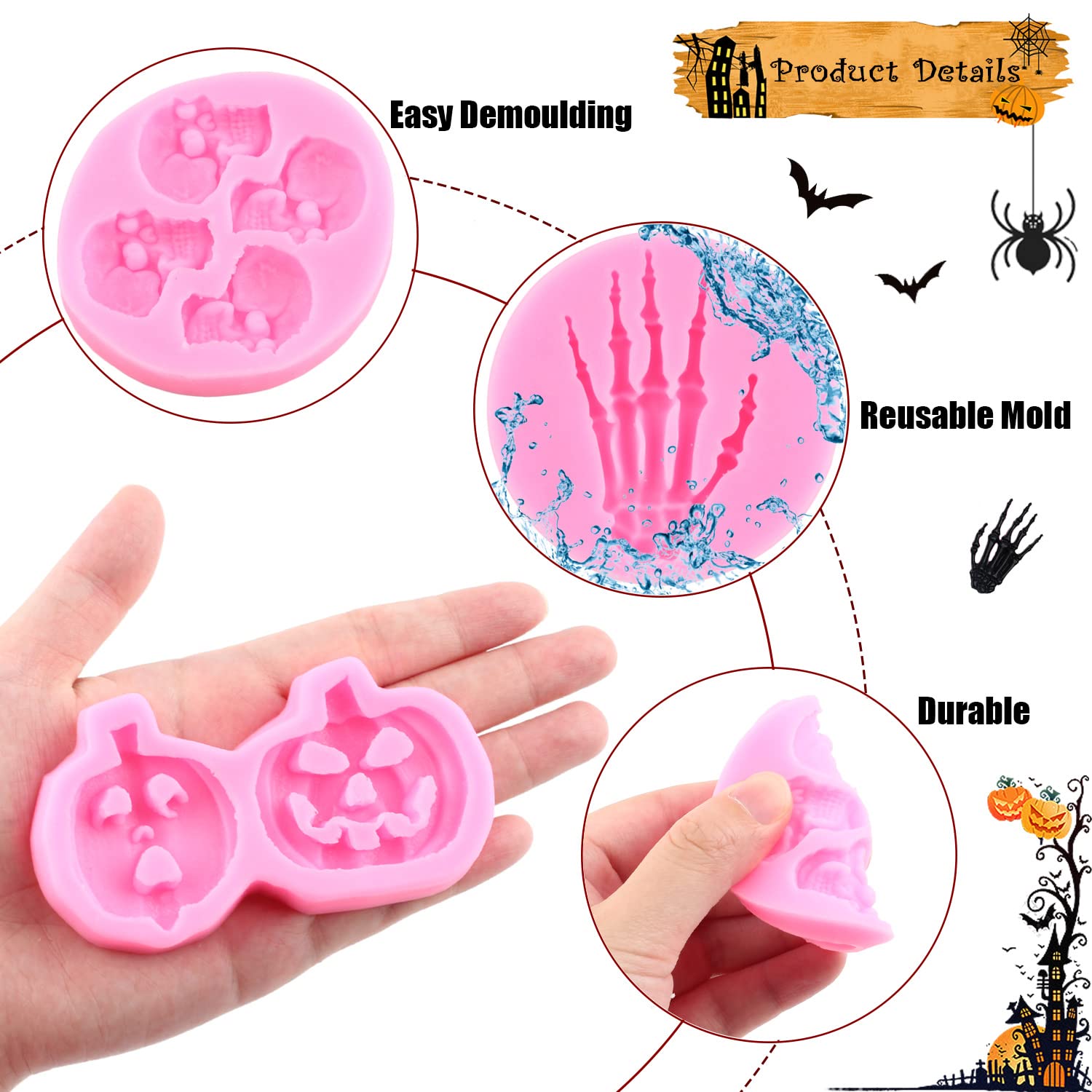 Miyahouse Halloween Silicone Molds Skeleton Hands Skull Fondant Mold Bat Pumpkin Finger Molds For Halloween Cake Decorating Cupc