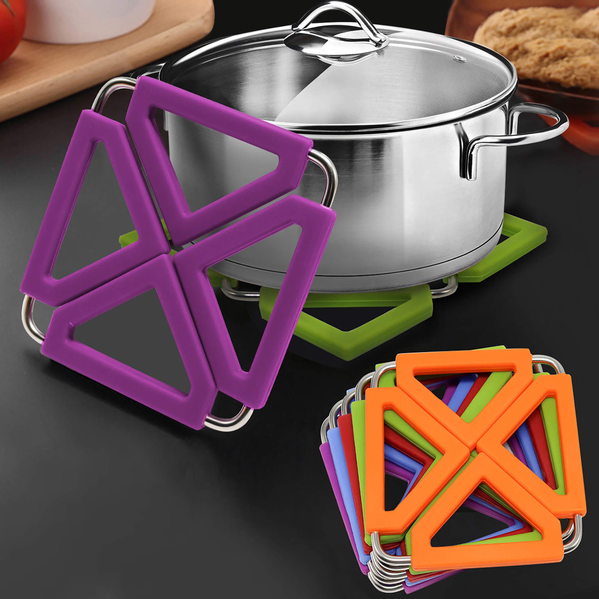 Set Of 5 Silicone Trivet Mat Expandable Hot Pot Holder With Stainless Steel Frame For Home Kitchen Heat Resistant Insulated Hot