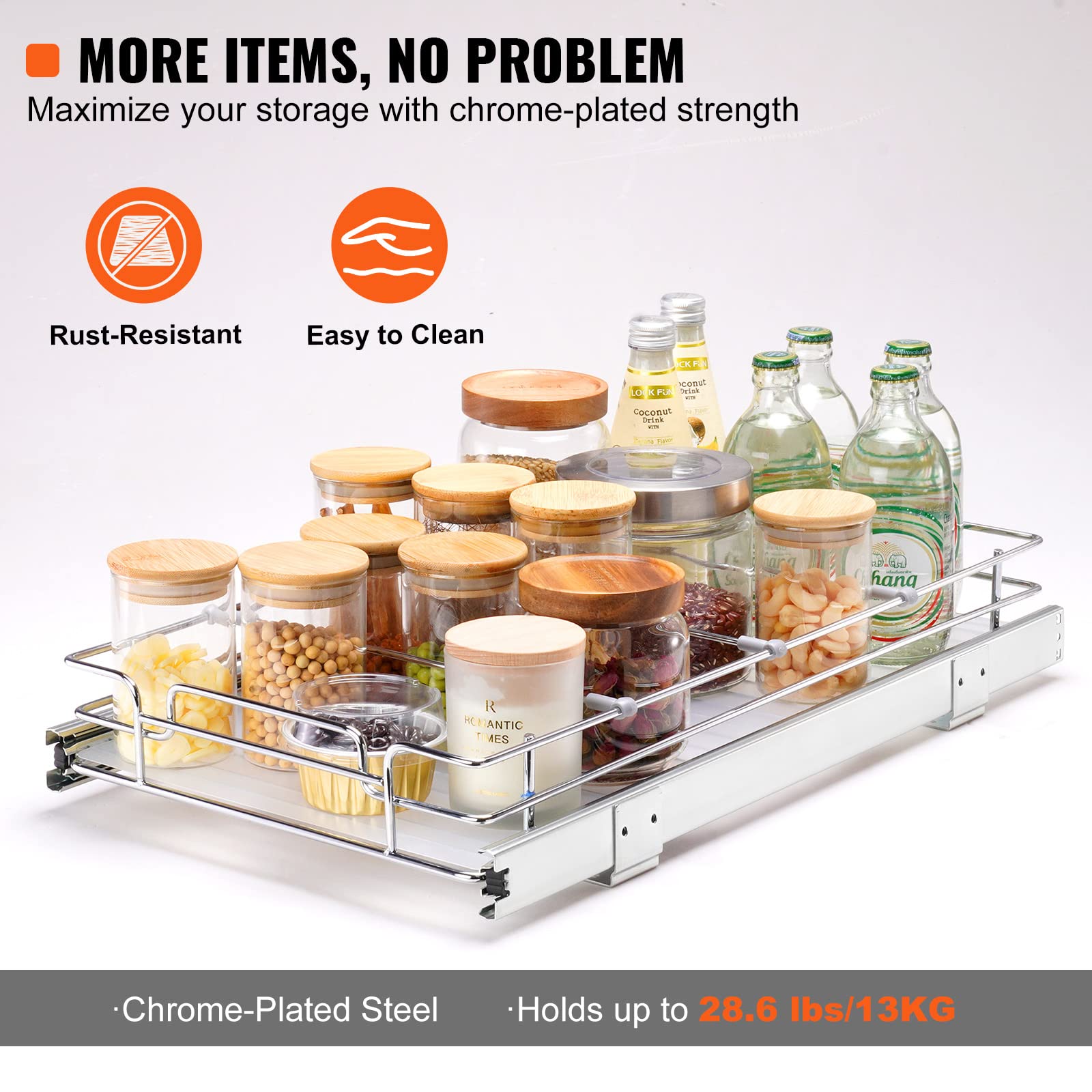 Vevor 11''W X 21''D Pull Out Cabinet Organizer, Heavy Duty Slide Out Pantry Shelves, Chrome-Plated Steel Roll Out Drawers, Slidi