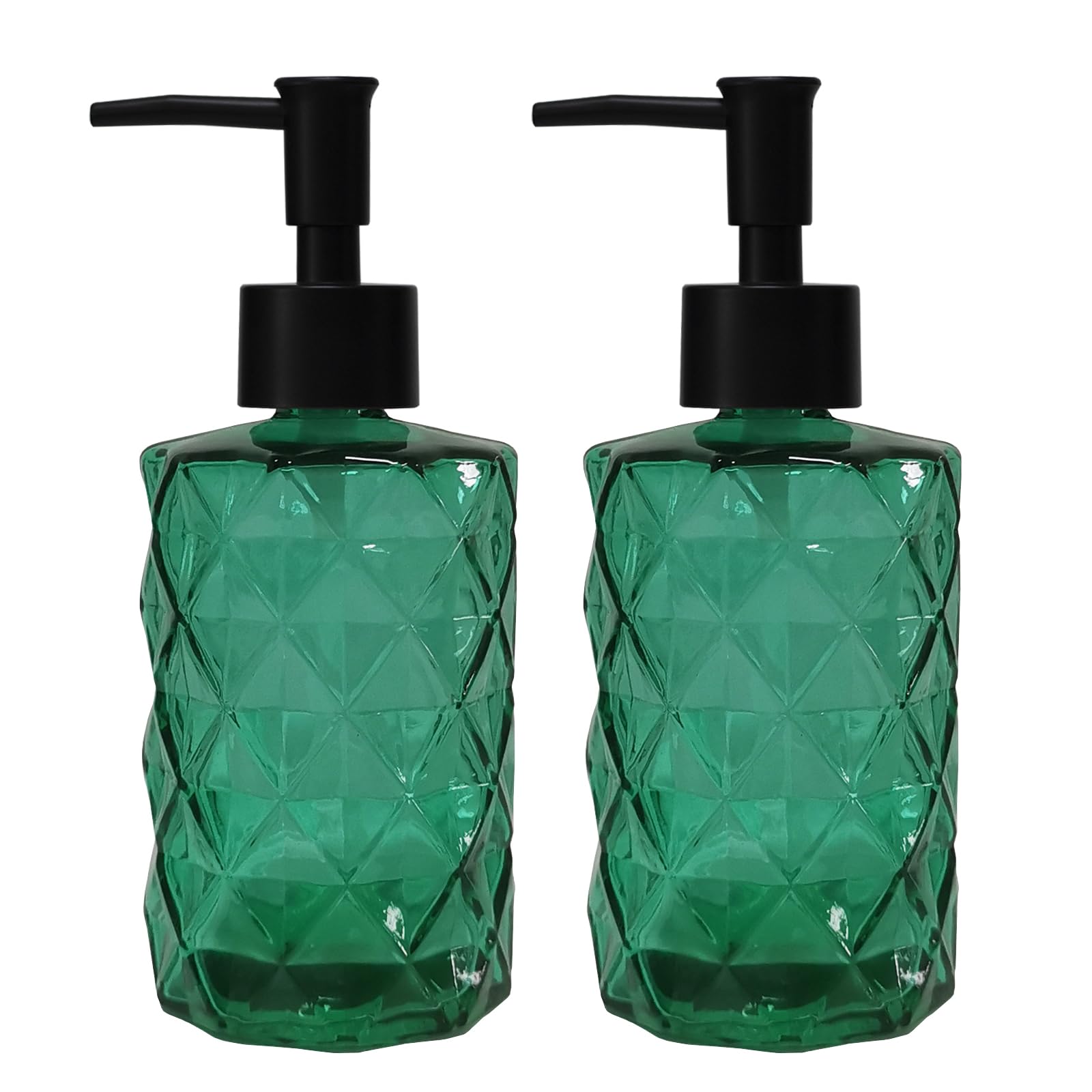 Green Bathroom Soap Dispenser Set With Black Plastic Pump, 12Oz Glass Lotion Dispenser, Crystal Hand Soap Dispenser For Modern H