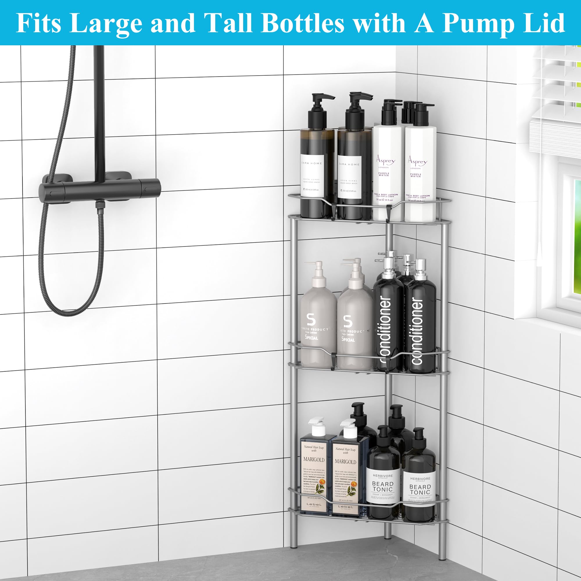 Huggiegems 3 Tier Floor Standing Corner Shower Caddy Organizer Shelf With Hooks, Bathroom Shelves Stand Rack, Gray