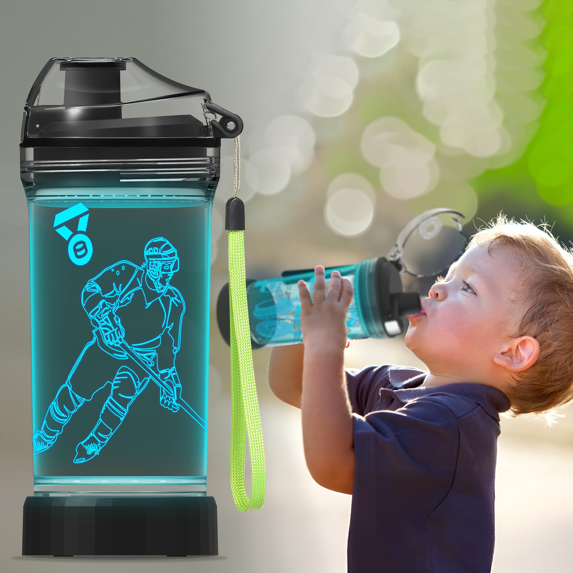 CoolGift Mart Hockey Gifts, Light Up 3D Hockey Player Water Bottle, 14oz Tritan BPA Free - Best Gift for 4 5 6 7-Year-Old Boys G