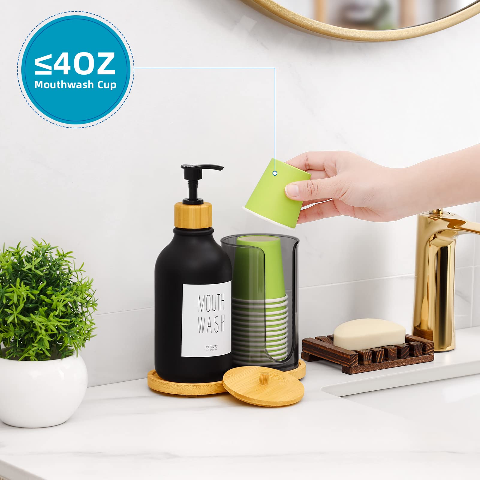 Vitviti Mouthwash Dispenser For Bathroom, Mouth Wash Pump Bottle With Paper Cup Holder, 17Oz Refillable Black Mouthwash Containe