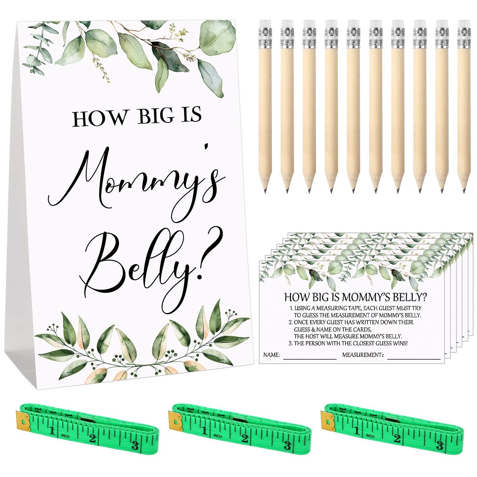 Sabary 64 Pcs Baby Shower Games Include How Big is Mommys Belly Sign Measure Bump Game 50 Cards 10 Pencils 3 Measuring Tapes fo