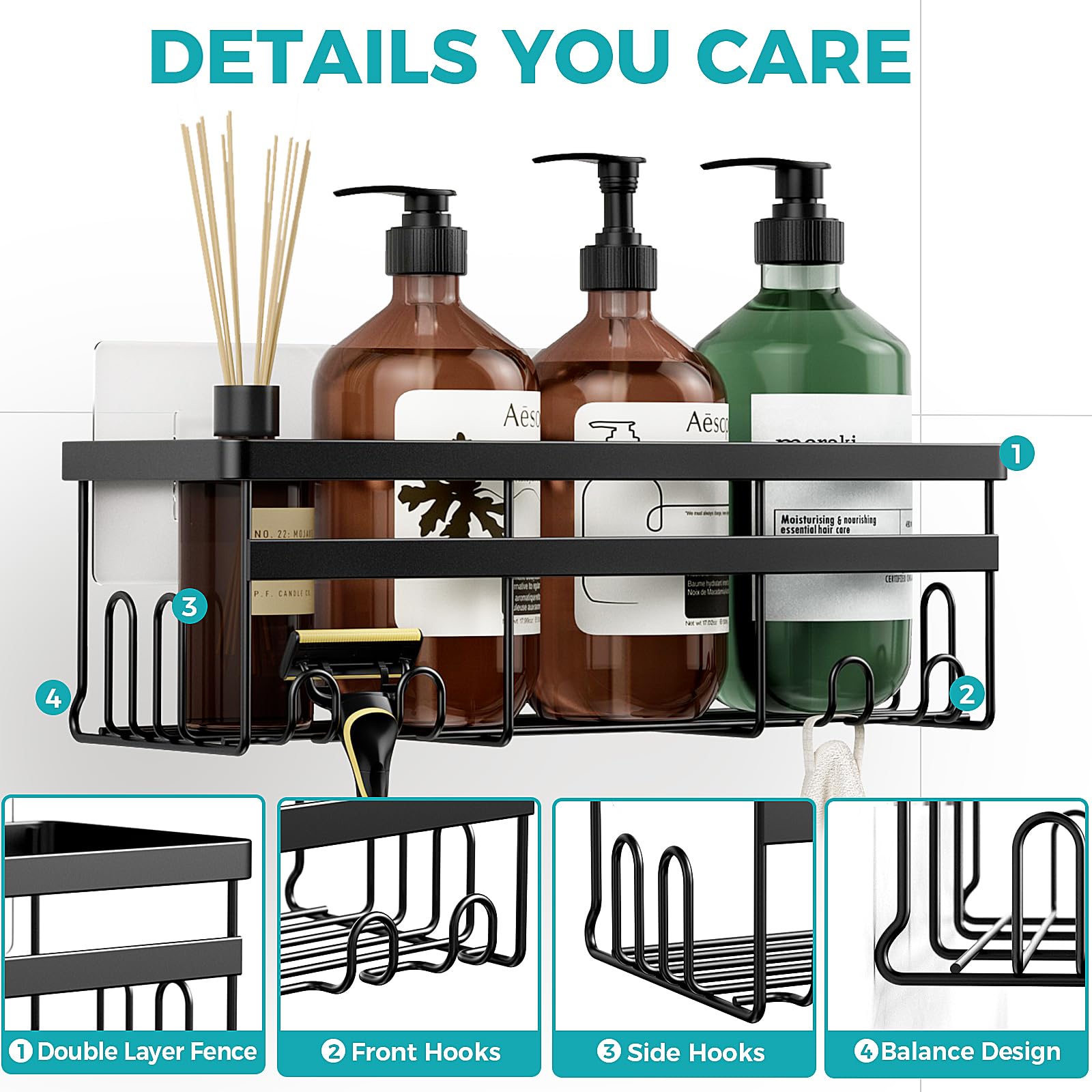 Homehacks Shower Caddy, No Drilling Rustproof Shower Organizer, Shower Storage Shelves With Hooks, Apartment Essentials For Bath