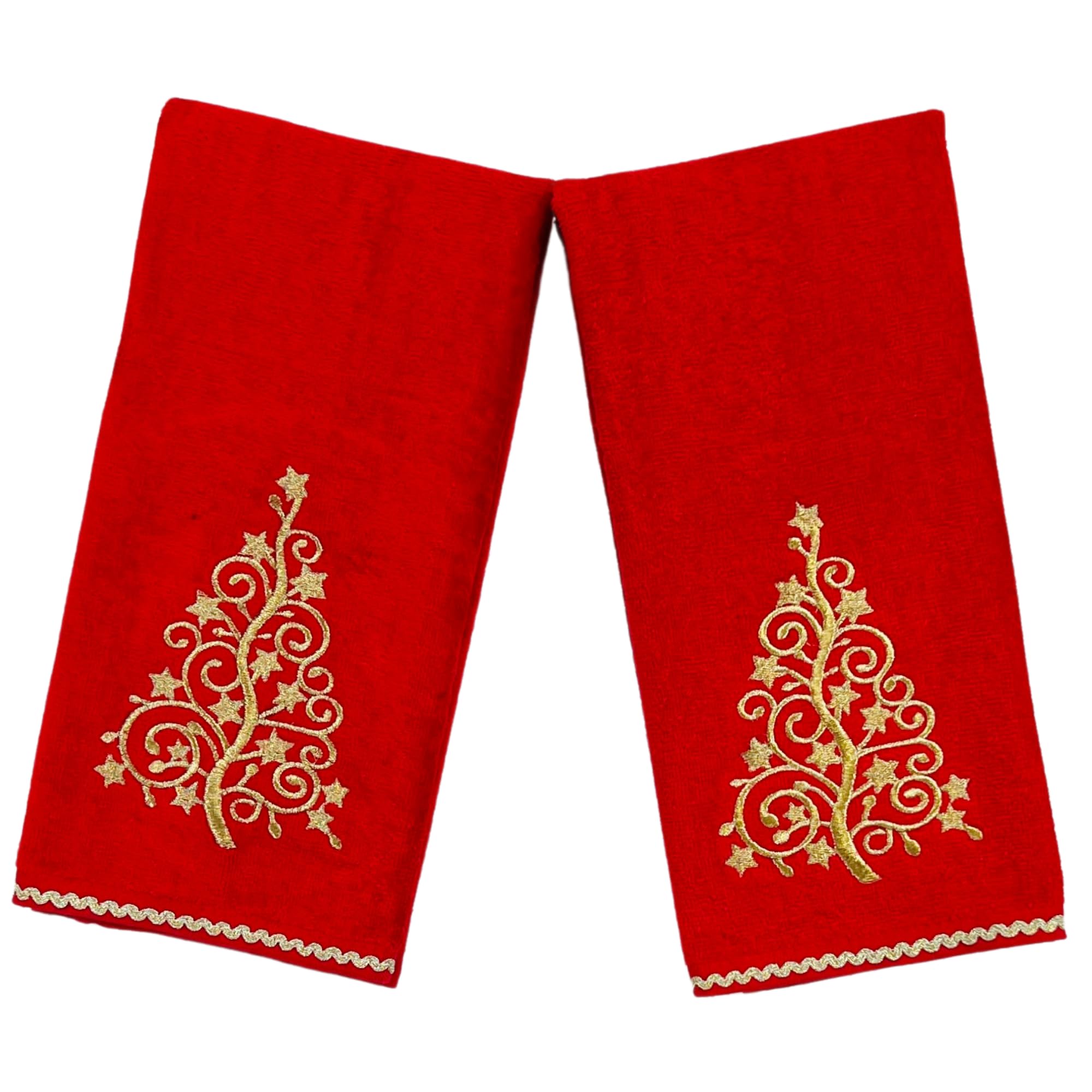 Serafina Home Holiday Christmas Bath Hand Towels, Embroidered Gold Xmas Tree On Red, 2 Piece Set, 16 X 25 Inches, 100% Cotton