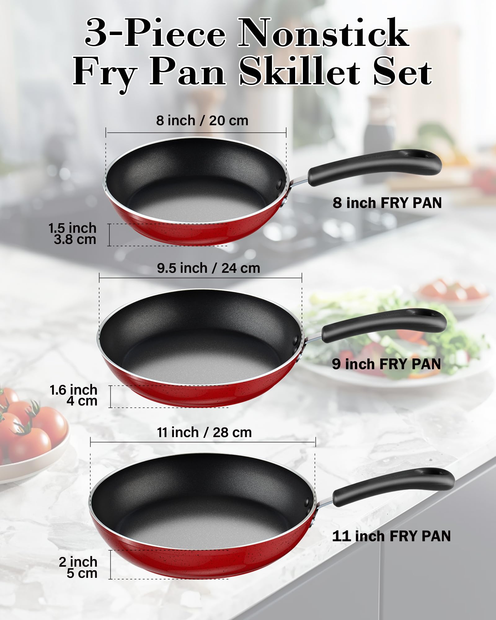 Cook N Home Nonstick Frying Pans Set 3 Piece, 8, 9.5, 11-Inch Kitchen Cooking Skillets Saute Fry Pan Induction Compatible, Marbl
