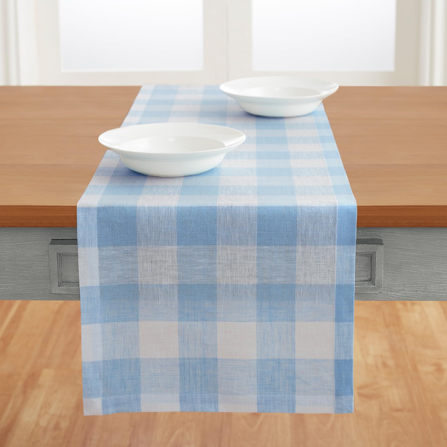 Solino Home Linen Buffalo Check Table Runner 72 Inches Long - 100% Pure Linen Buffalo Plaid Blue Bell Table Runner 14 X 72 Inch