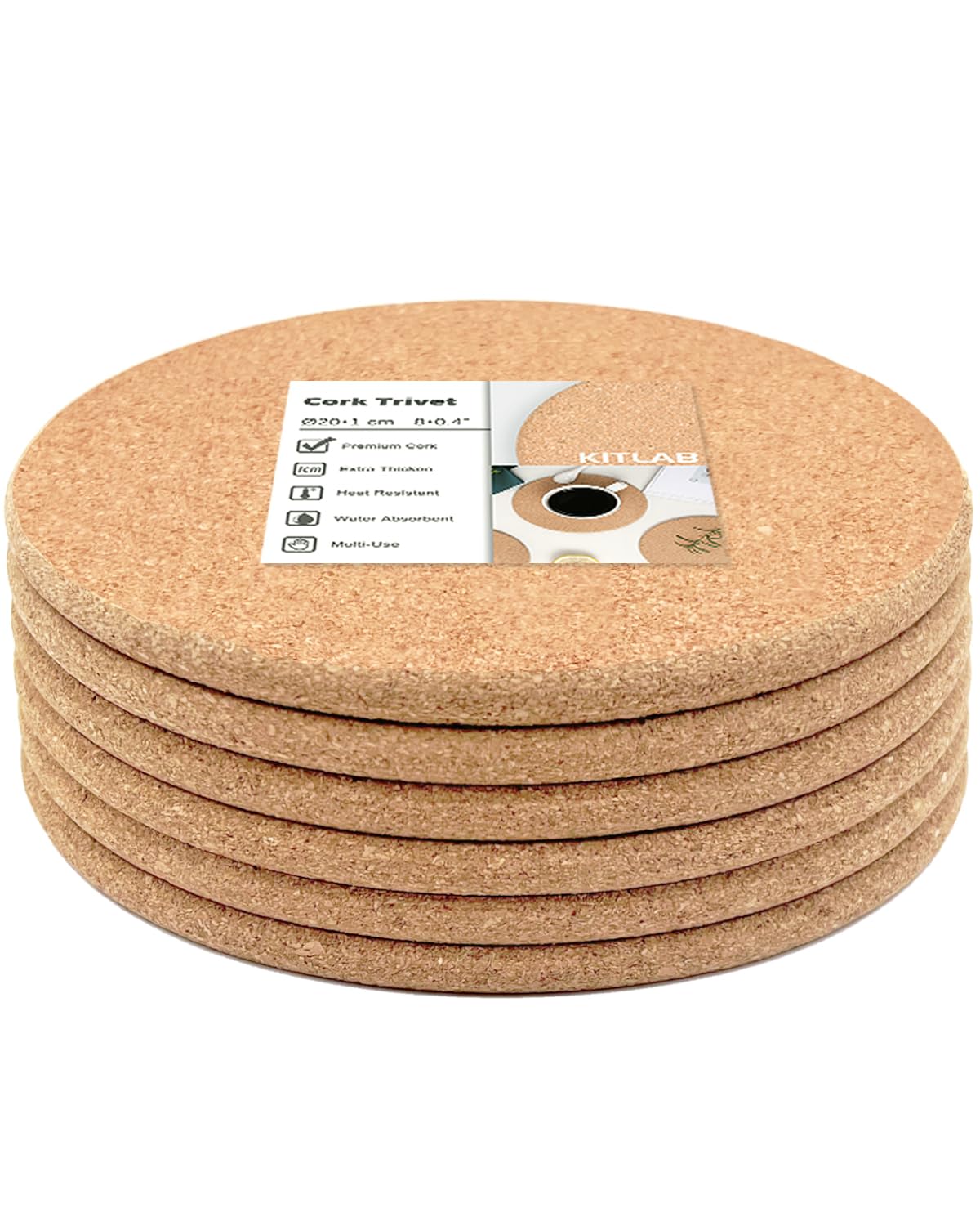 Kitlab Cork Trivet, 6 Pack High Density Thick Cork Coaster Set For Hot Dishes And Hot Pots, 8 Inch Heat Resistant Multifunctiona