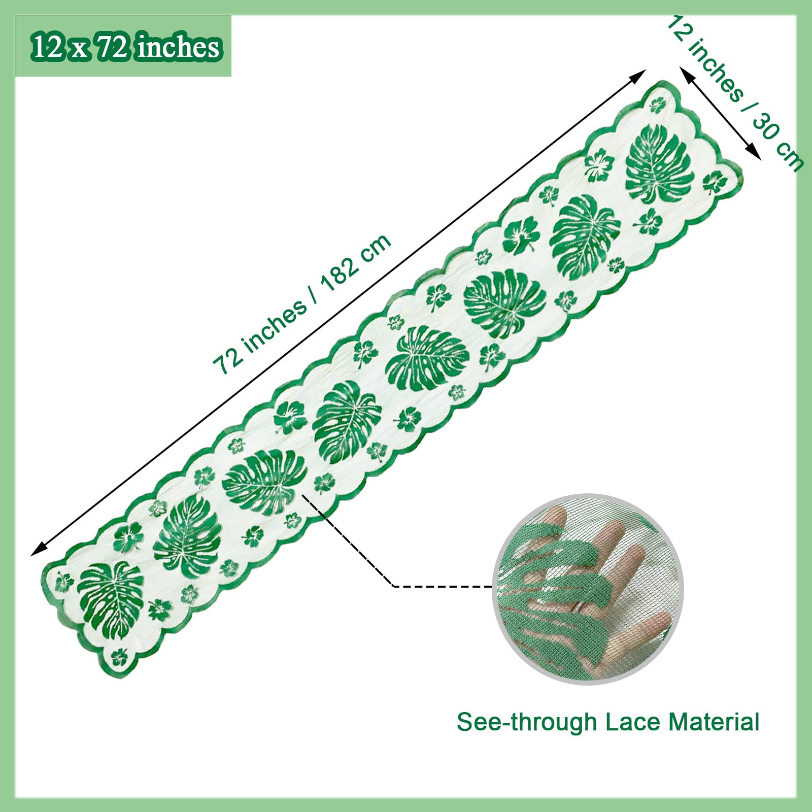Tropical Table Runner For Palm Leaves Party Decorations - Green Lace Table Runner For Luau Wedding, Hawaiian, Havana Nights, Saf
