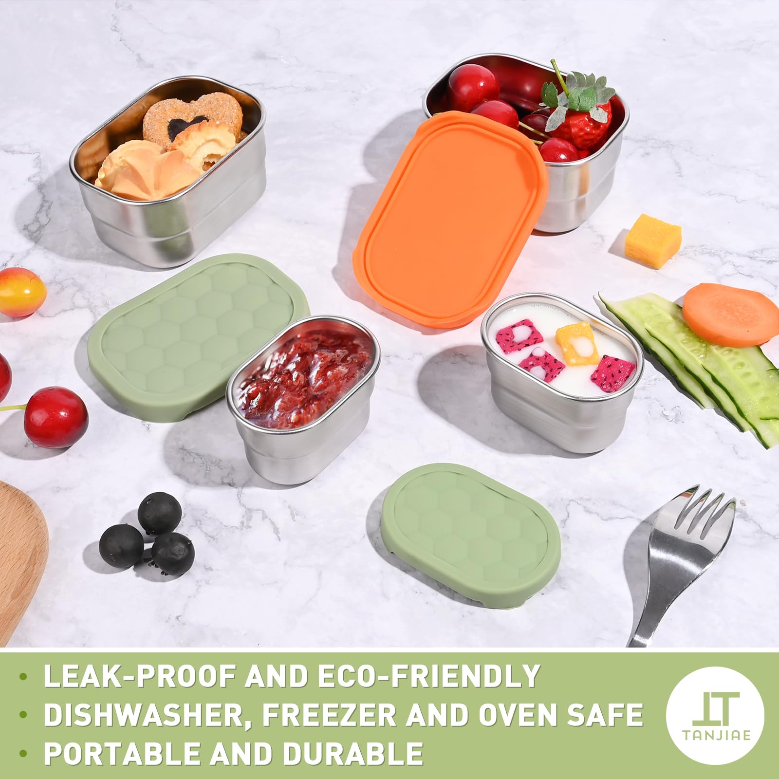 Tanjiae Stainless Steel Snack Containers For Kids & Salad Dressing Containers Sets | Easy Open Small Food Containers With Silico