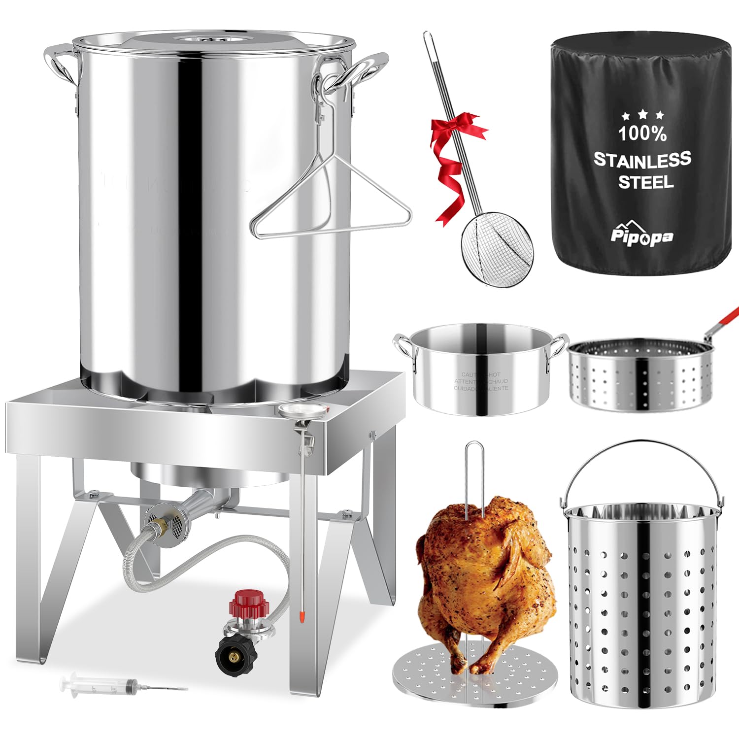 30QT Turkey Fryer Kit | Stainless Steel | Cover | Skimmer | 50,000BTU Burner | Outdoor Deep Fryers with Basket | Seafood Boil Po