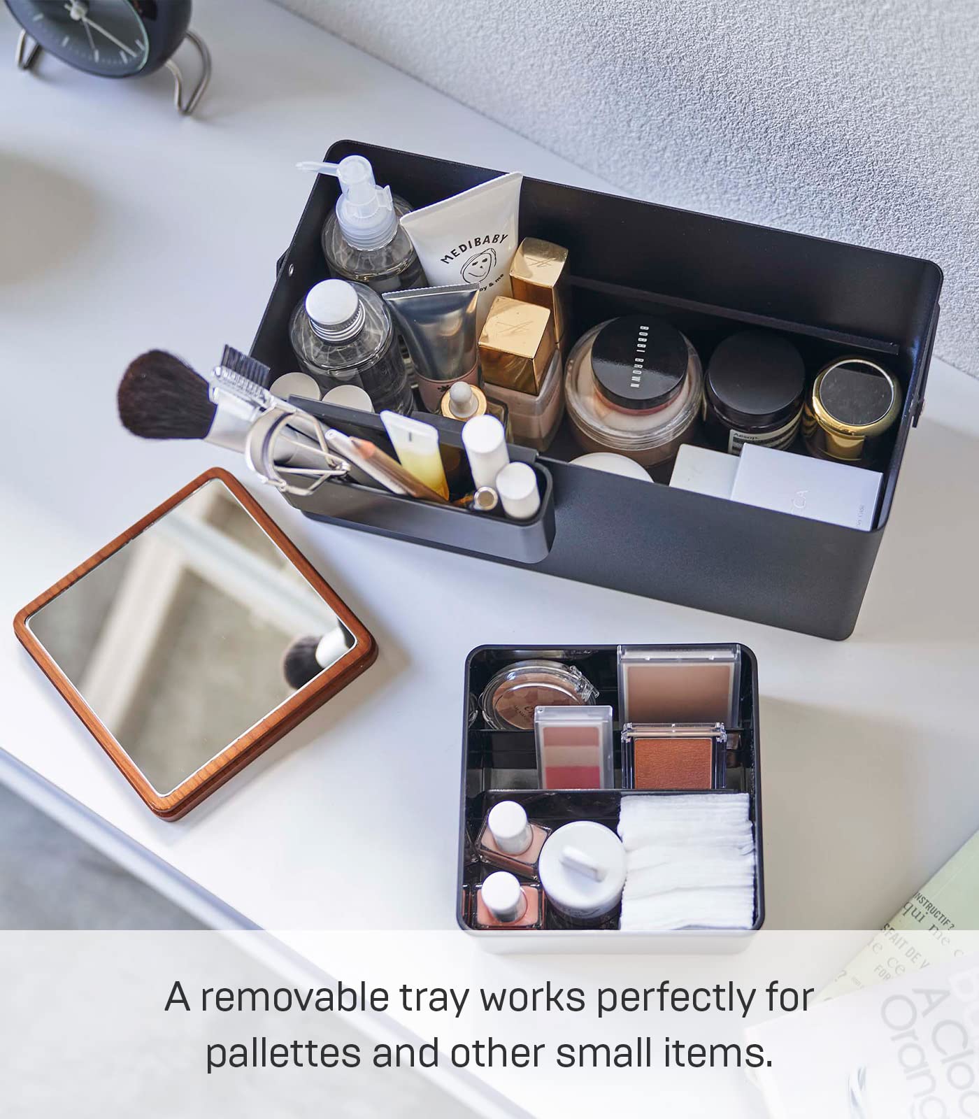 YAMAZAKI Home Tower Large Makeup Organizer Cosmetic Caddy with Handle Vanity Storage Drawer with Lid - Steel + Wood -  Black