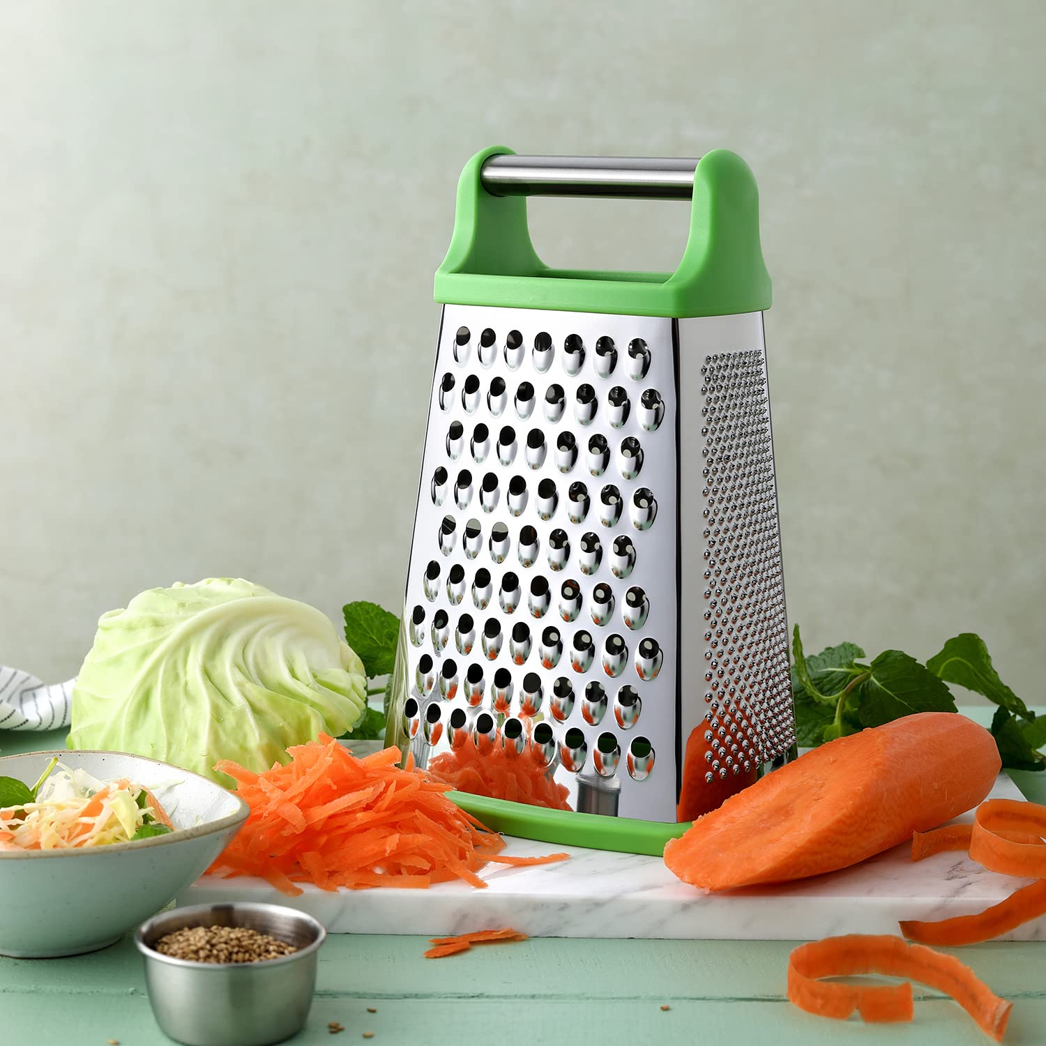 Spring Chef XL Green Stainless Steel Box Grater - 4 Sided, Dishwasher Safe, Ideal for Cheese, Vegetables, and More