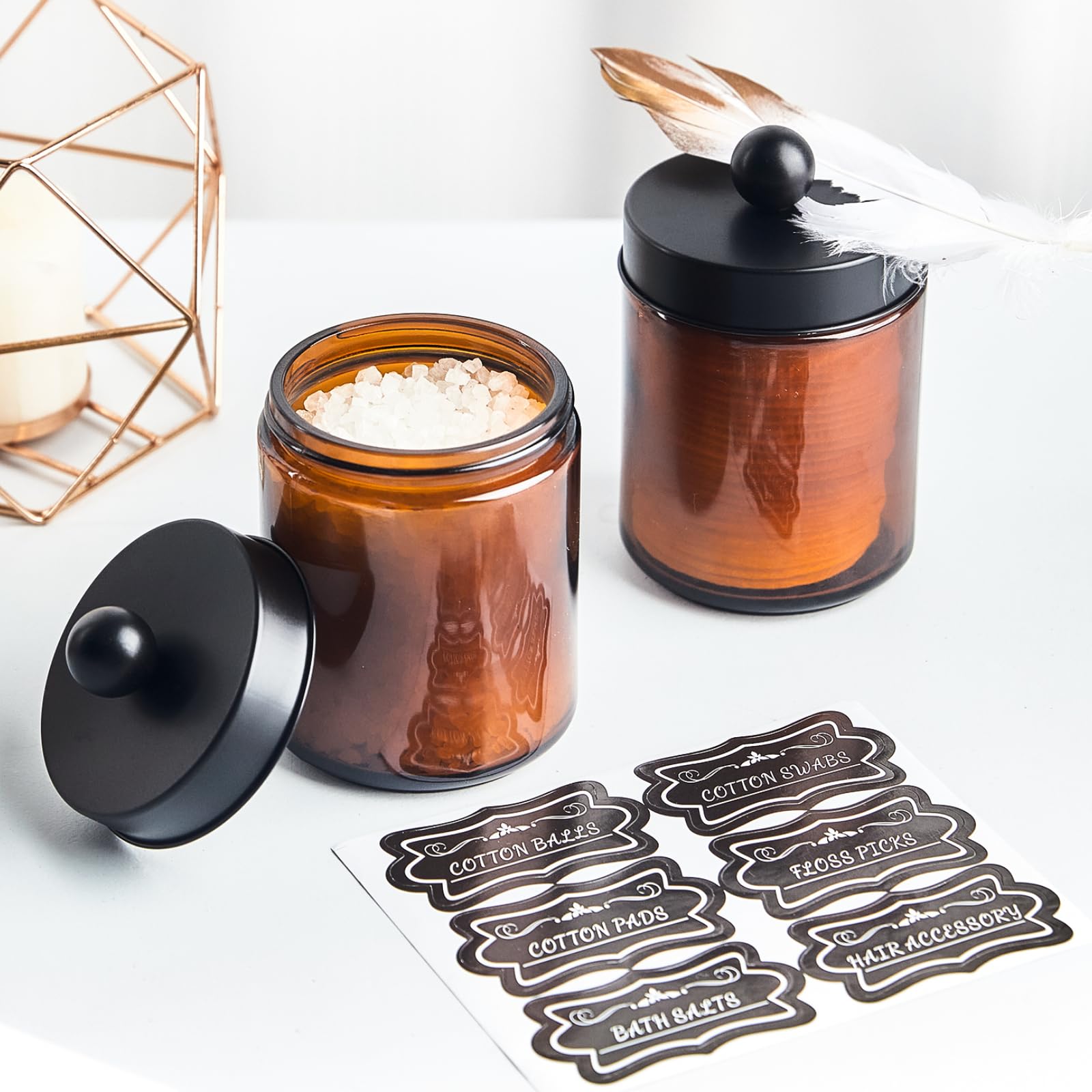 2 Pack Glass Apothecary Jars With Lids And Labels - Bathroom Counter Storage Jars, Qtip Holders Vanity Countertop Canisters (Amb