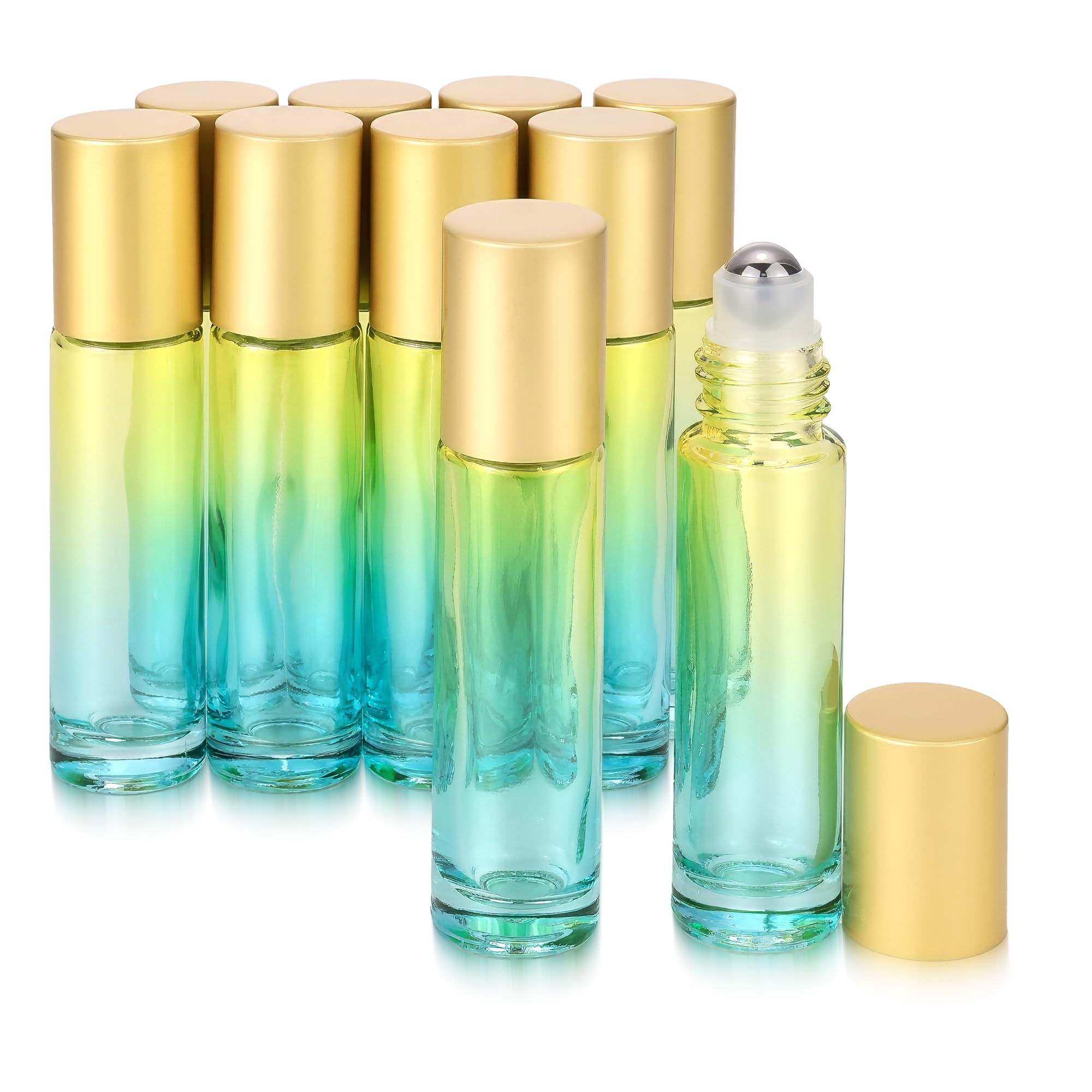 JIUWU 10 Pack 1/3 Oz Refillable Glass Roller Bottle,10 Ml Yellow and Bule Gradient Empty Essential Oil for Perfume Cuticle