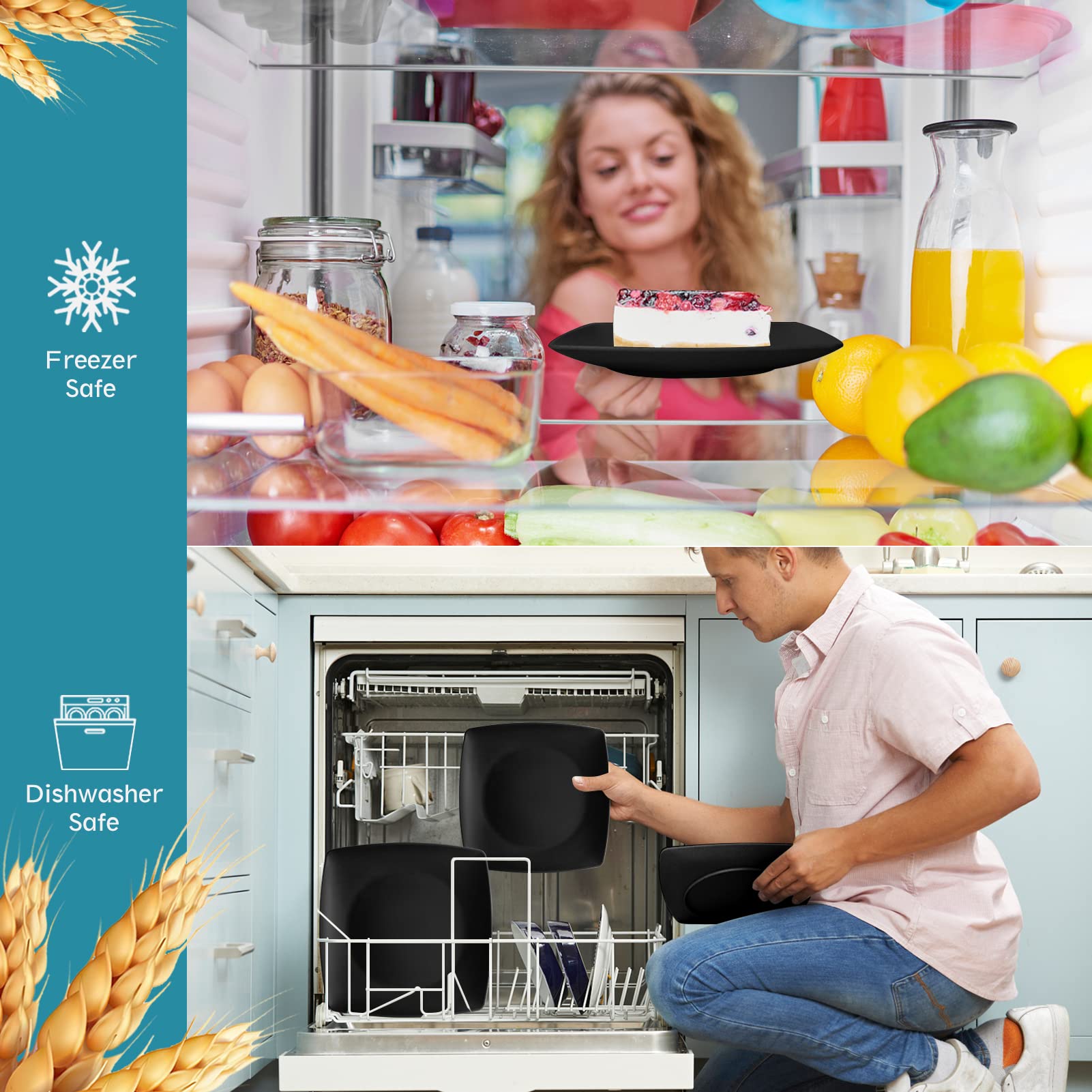 Teivio 16-Piece Plastic Wheat Straw Square Dinnerware Set For 4, Unbreakable Dinner Plates, Salad Plates, Snack Bowls, Tumblers