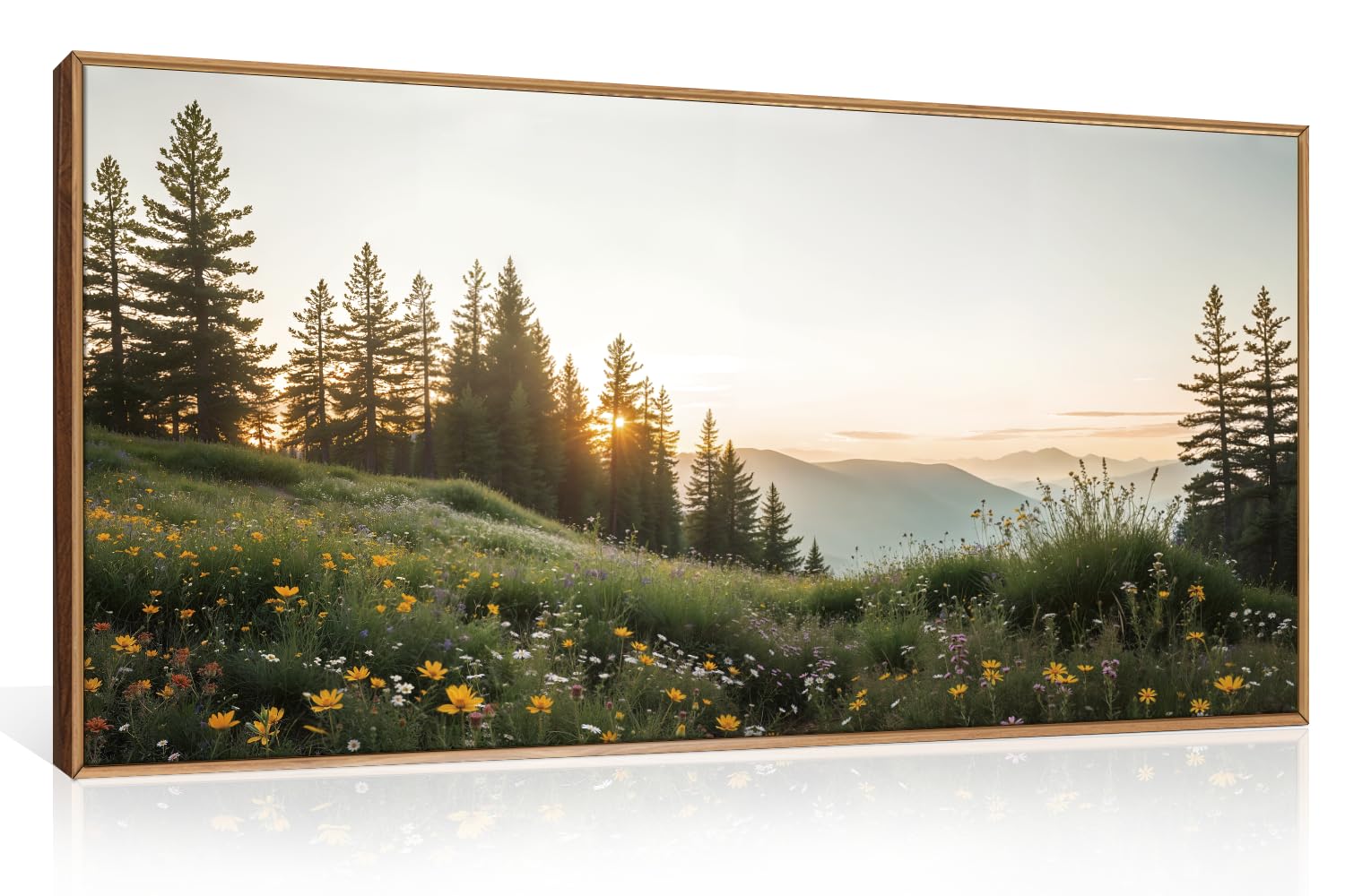 Fwiexa Green Forest Mountain Framed Canvas Wall Art Set, Wildflower Meadow Wall Decor, Floral Pictures Artwork, Nature Sunset La