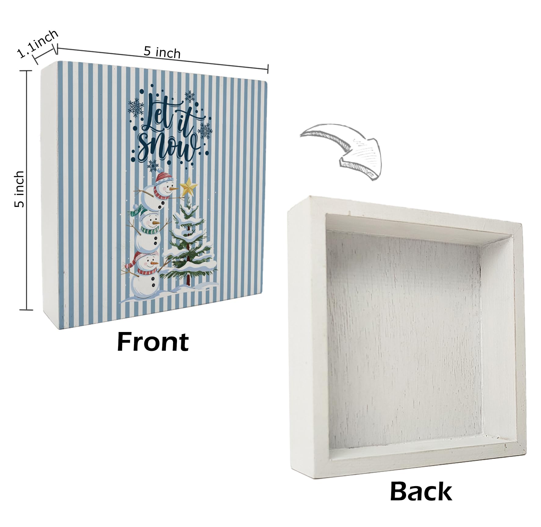 kunlisa Let It Snow Christmas Snowman Wooden Sign, Christmas Desk Decor, Festive Xmas Tree Snowflake Blue Striped Wood Box Sign