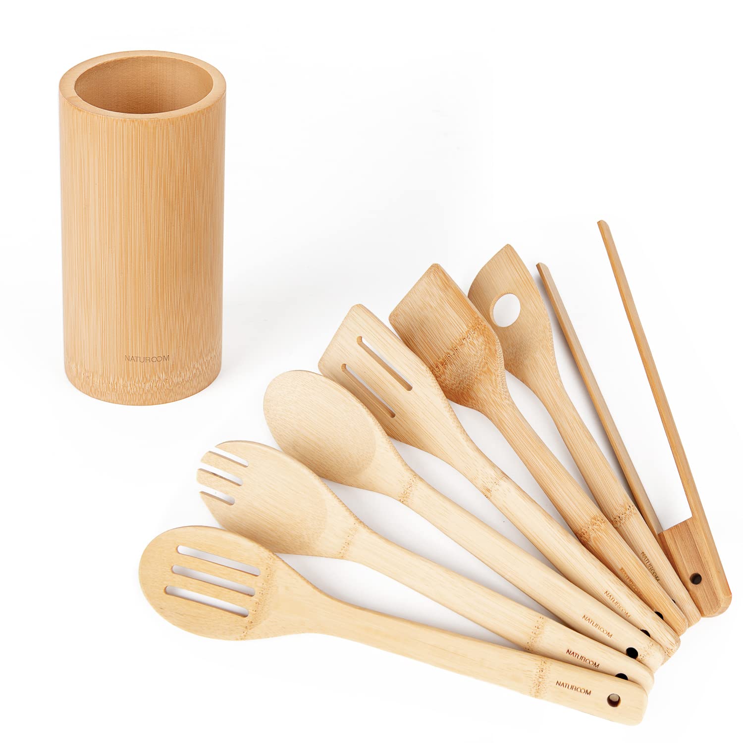 Naturoom Kitchen Utensils Set Of 8 Pcs, 12Inches Bamboo Wooden Cooking Spoon & Spatula Tools Perfect For Non-Stick Cookware (Bam