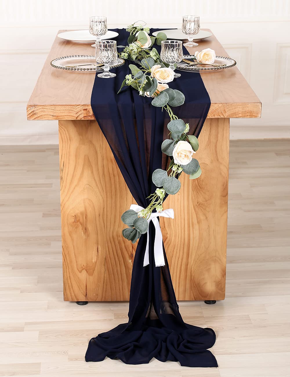 Sherway 27 X 168 Inch Navy Blue Chiffon Wedding Table Runner, Extra Long 14Ft Soft Semi Sheer Tablecloth Table Overlay, Rustic W