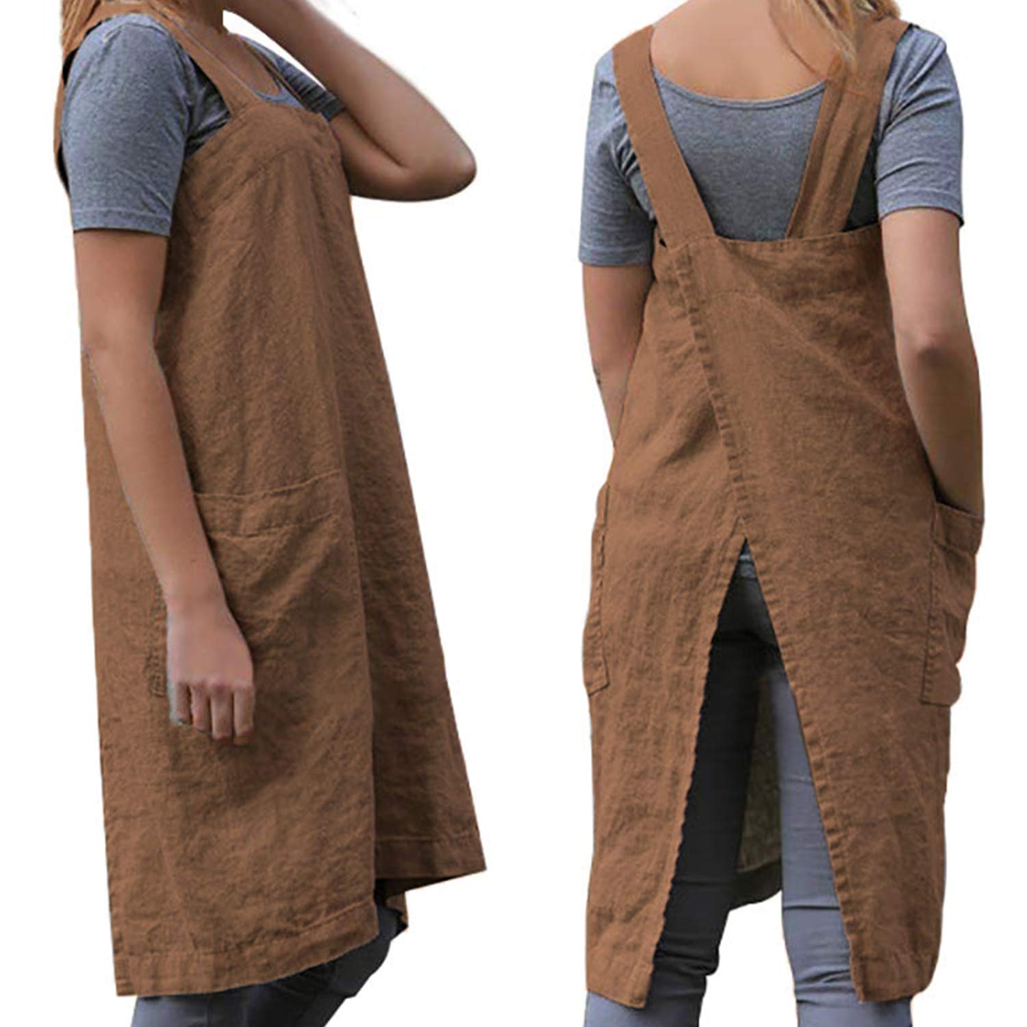 Women'S Cross Back Pinafore Apron With Large Pockets Home Kitchen, Restaurant, Coffee House,Cooking Gardening Works