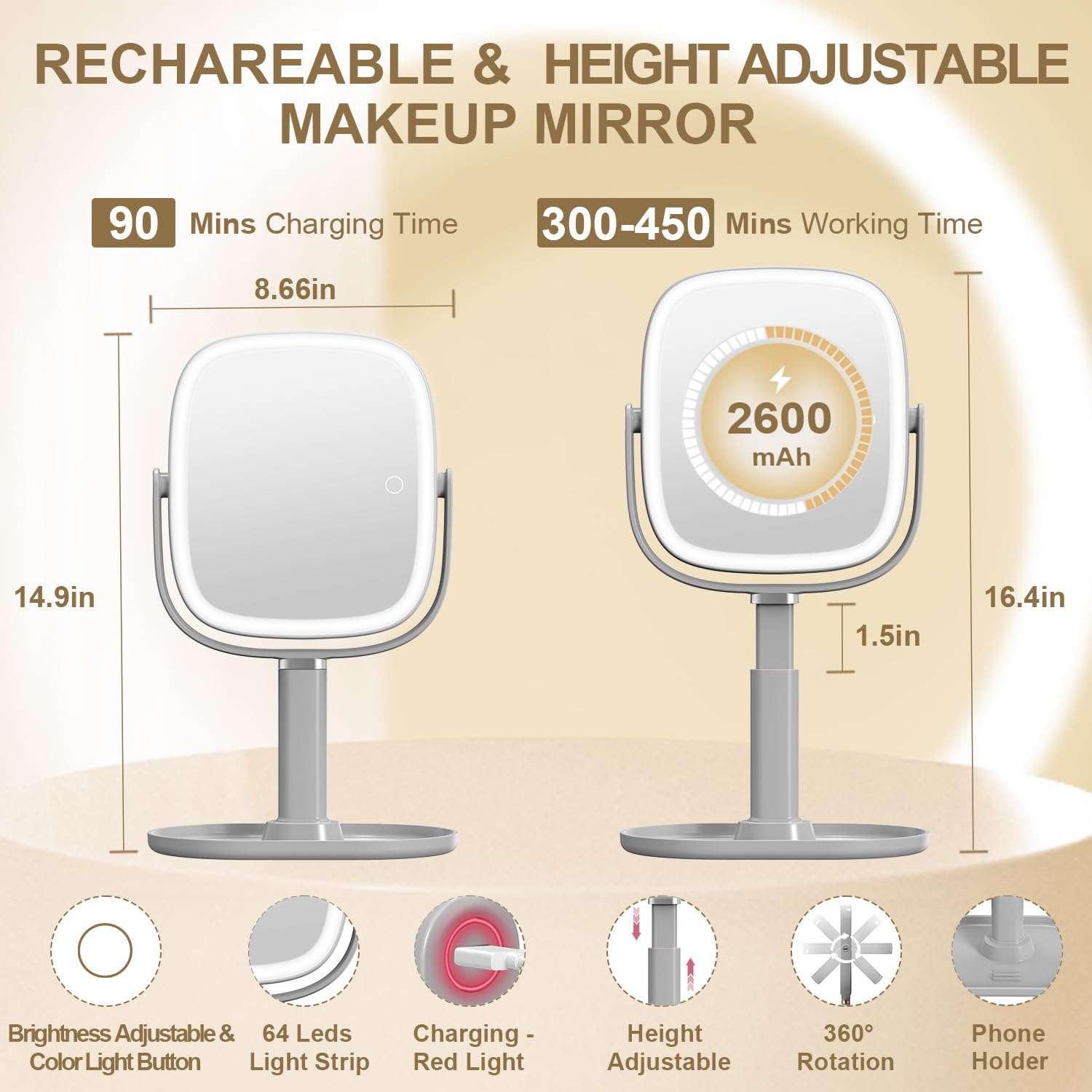 Mocado Makeup Mirror With Lights, 1X/20X Magnifying Mirror With Light, Vanity Mirror With 3 Colors Lights, Height Adjustable Lig