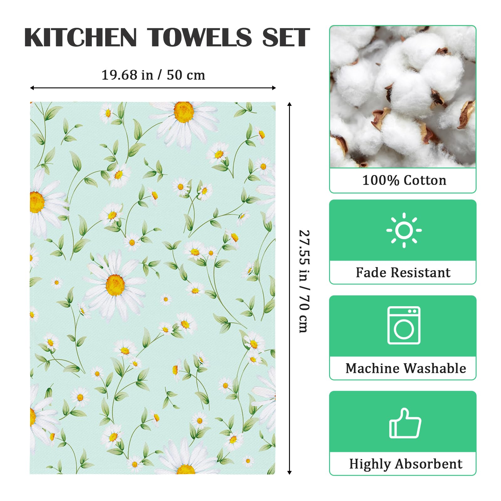 Arquiel Daisy Kitchen Towel 100% Cotton Quick Dry Dish Towels 20 X 27.5Inch, Dishcloth Hand Towels For Housewarming Gifts Dining