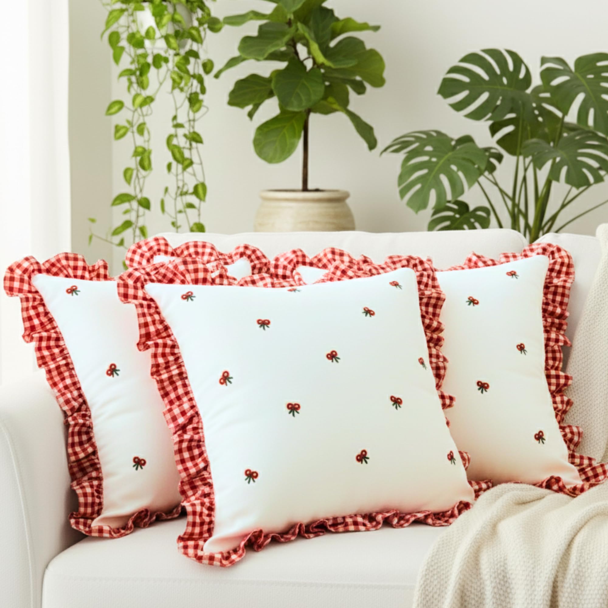 Sleepy Threads Cotton Cushion Cover Red & White | Set Of 3 | Square Floral Embroidered With Ruffle Frill Edging Throw For Sofa,L